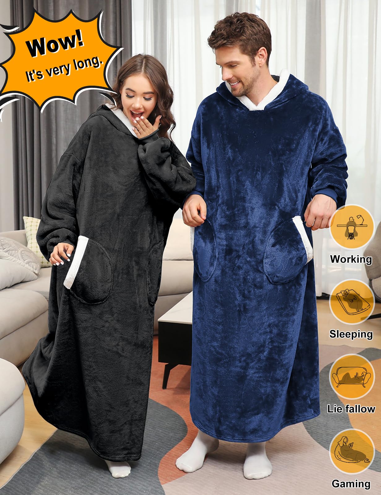 Tuopuda Felpe Donna Uomo con Cappuccio Hoodie Pullover Lunga Felpa con Coperta Sherpa Giacca Oversize Kimono Cardigan Autunno Invernali Fleece Jumper con Tasche Zip Sweatshirt Cappotto