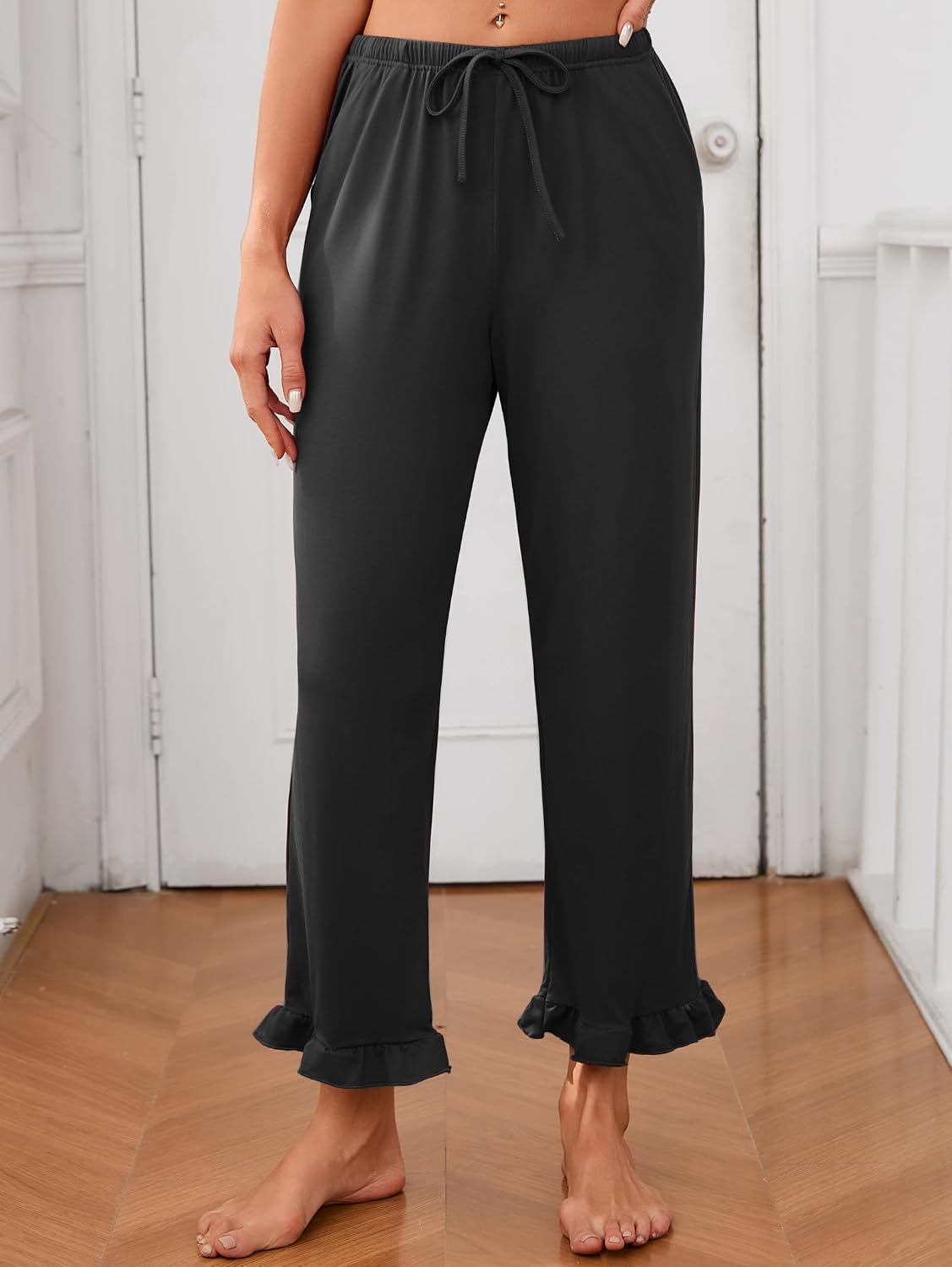 iChunhua Pajama Pants for Women Comfy Lounge Sleep Cropped Pants Ruffle Hem Pj Bottoms Sleepwear with Drawstring