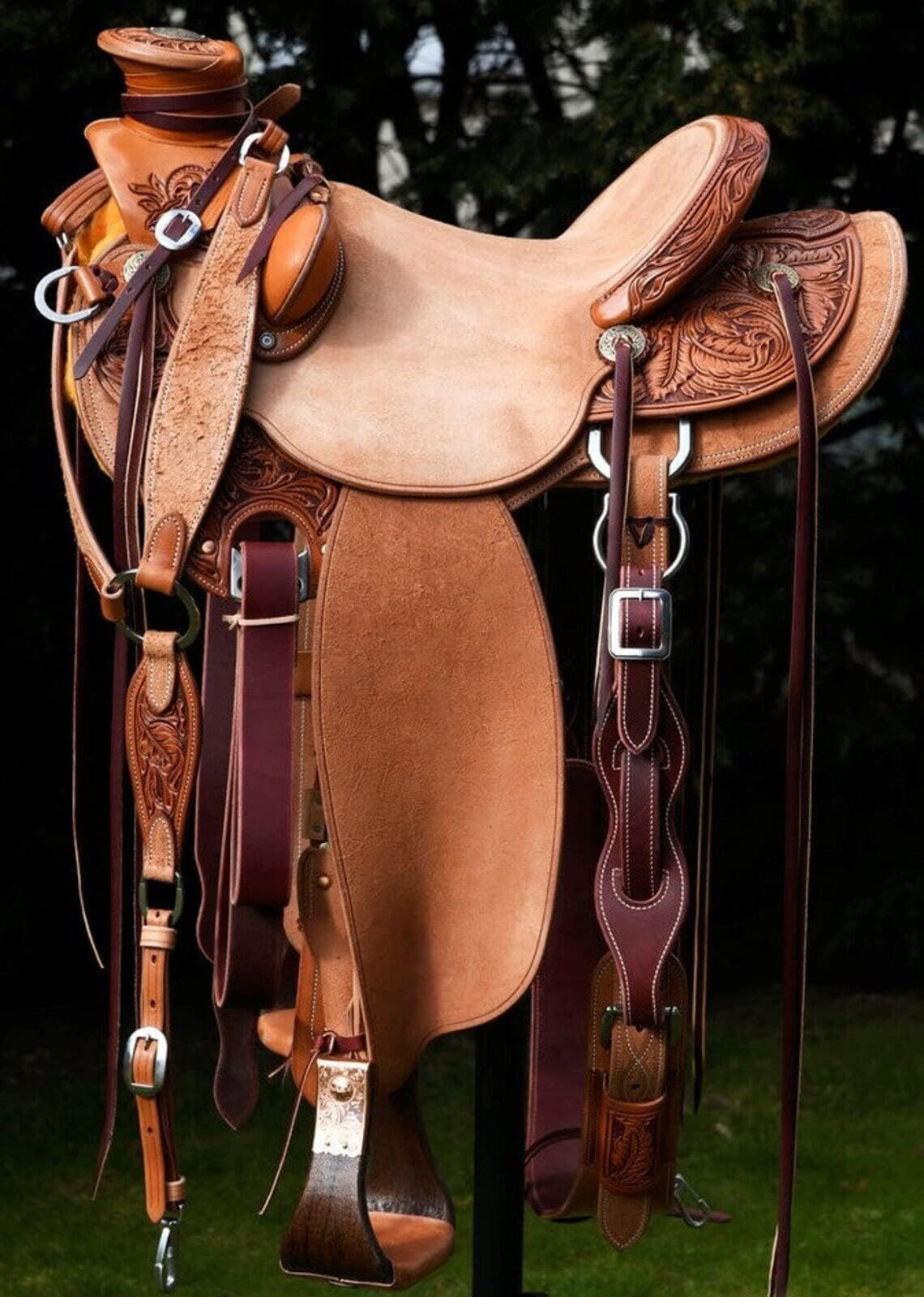 Wonderwish Wade Tree A Fork Premium Western Leather Roping Ranch Work Equestrian Trail Adult Horse Saddle Tack Headstall Breastplate & Reins