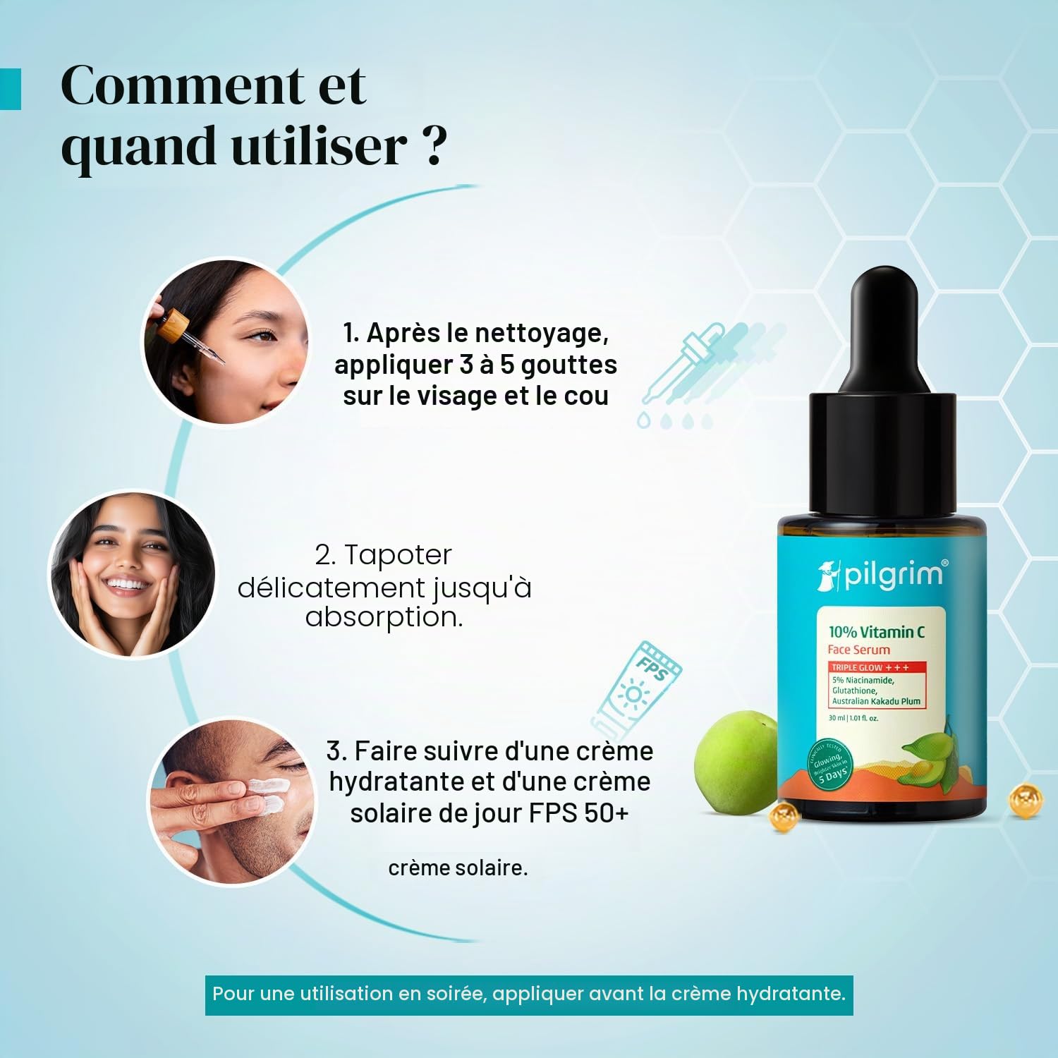 Pilgrim Sérum à 10 % de vitamine C 30 ml pour une peau éclatante | Avec 5 % de niacinamide, acide hyaluronique et glycolique | estompe les taches brunes, la pigmentation | Pour tous, peaux grasses