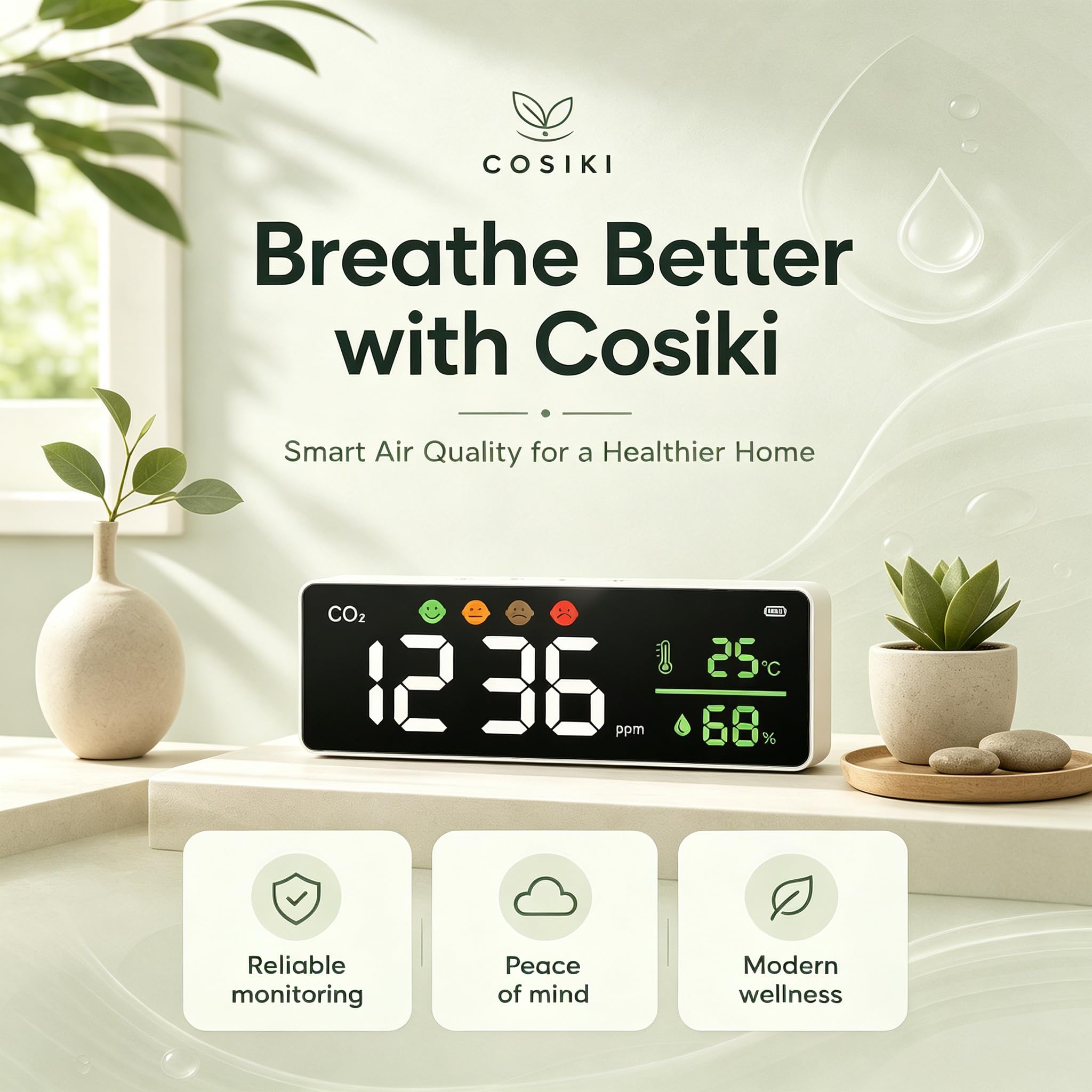 Monitor de Calidad del Aire, Pantalla LED de Montaje en Pared, Detector de Concentración de CO2, Termómetro, Higrómetro, Indicador de 4 Etapas para Uso en Interiores