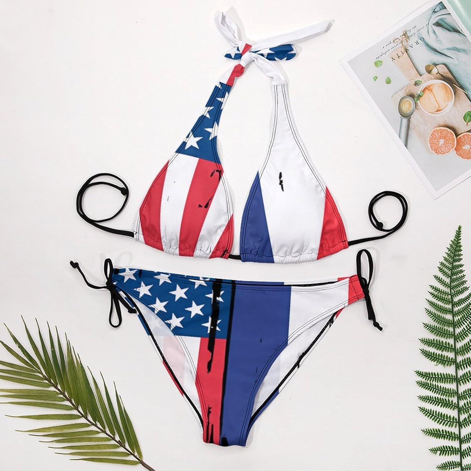U.S. and France Flag Novelty Women's 2 Piece String Bikini Set Swimsuits Bathing Suit Swimwear