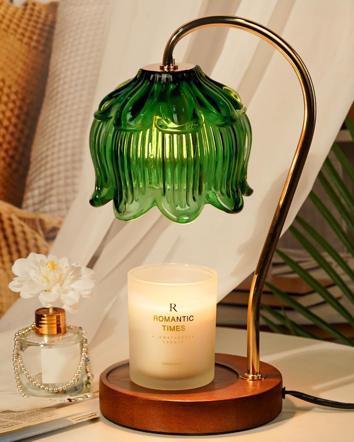 Green Candle Warmer Lamp with Timer, Christmas Gifts, Dimmable Flower Candle Lamp Warmer, Vintage Birthday Gifts for Women, Mom, Female Friend, Aromatic Candle Light for Yankee Candles