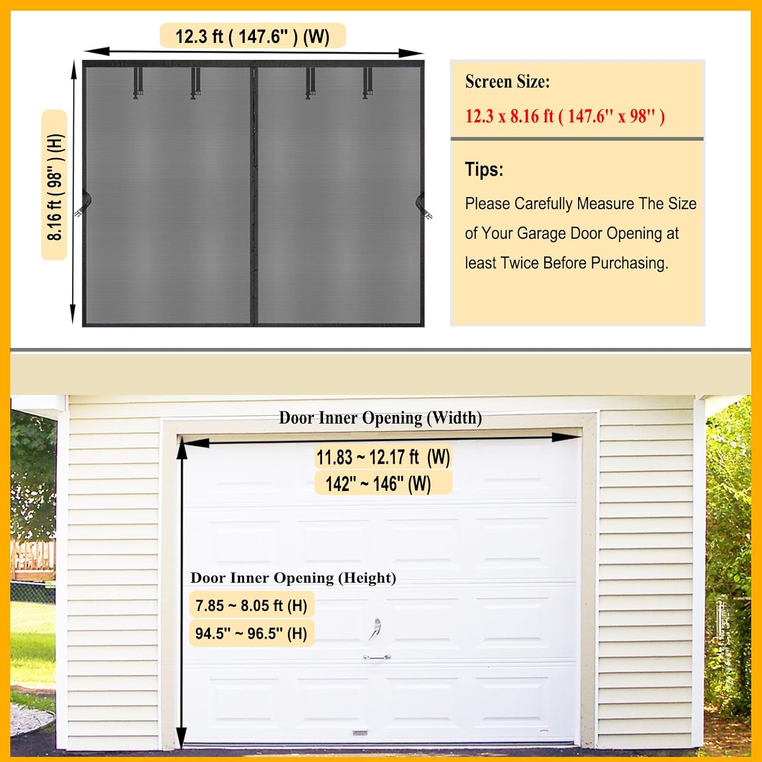 Garage Door Screen for 1 Car Garage 12x8 FT - Magnetic Retractable Fiberglass Mesh Screen 12x8ft with Heavy Duty Weighted Bottom, 40 Magnets, Hands Free - Easy Assembly for Patio Gym Porch
