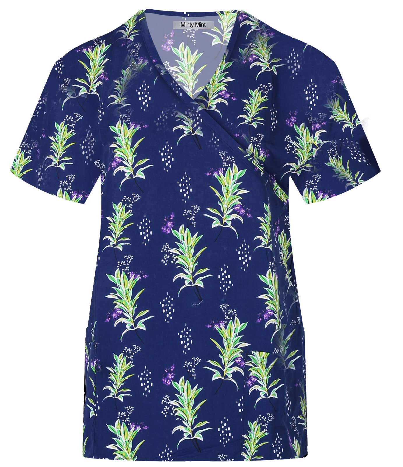 Minty Mint Women's Microfiber Printed Medical Scrub Set V-Neck Top and Pants Navy 2XL