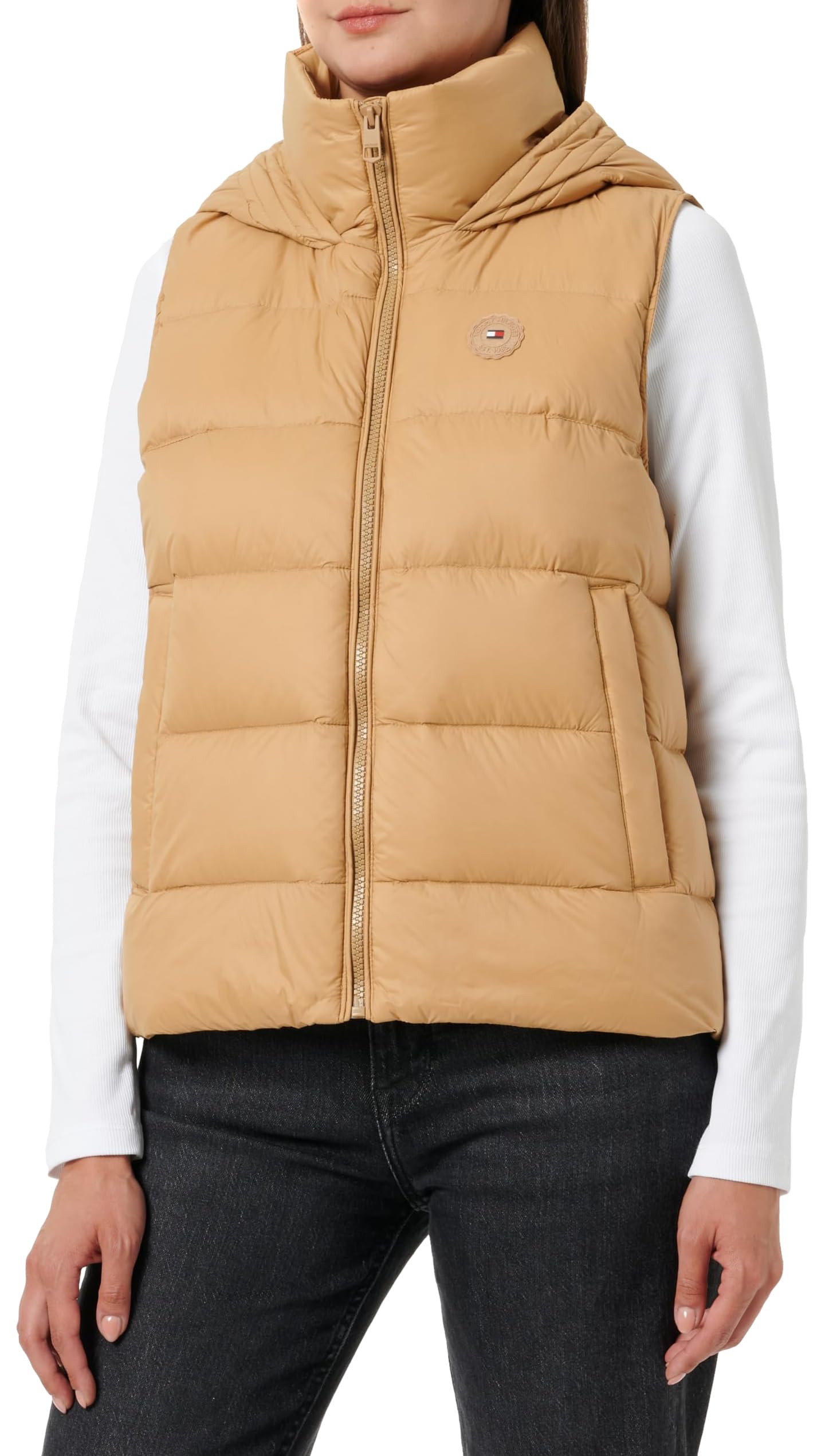 Tommy Hilfiger Women's Casual Down Gilet with Hood, Beige (Classic Khaki), S