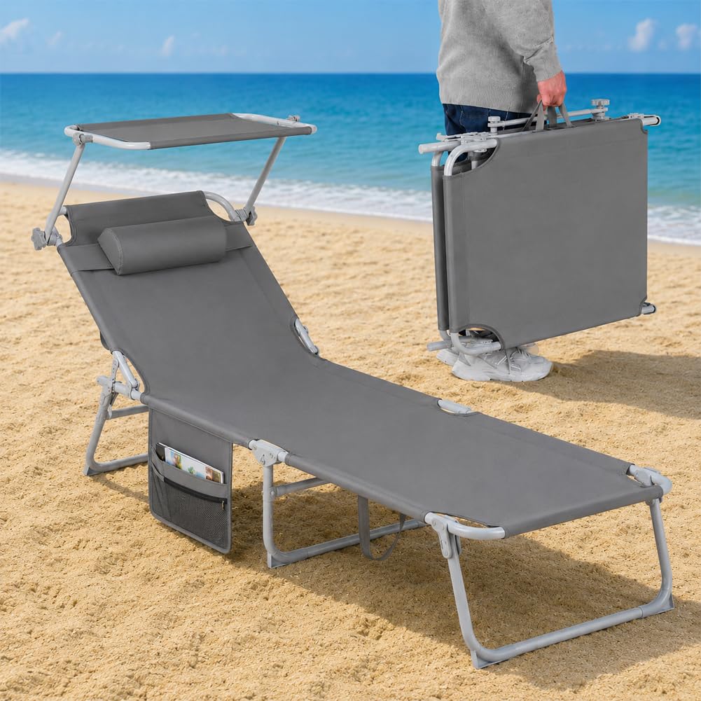 BAKAJI Set 2 Lettini Pieghevoli da Spiaggia per Esterno, Sdraio da Mare con Parasole Reclinabile e Cuscino Ergonomico, Struttura Salvaspazio e Tasca Portaoggetti, Rivestimento Traspirante (Grigio)