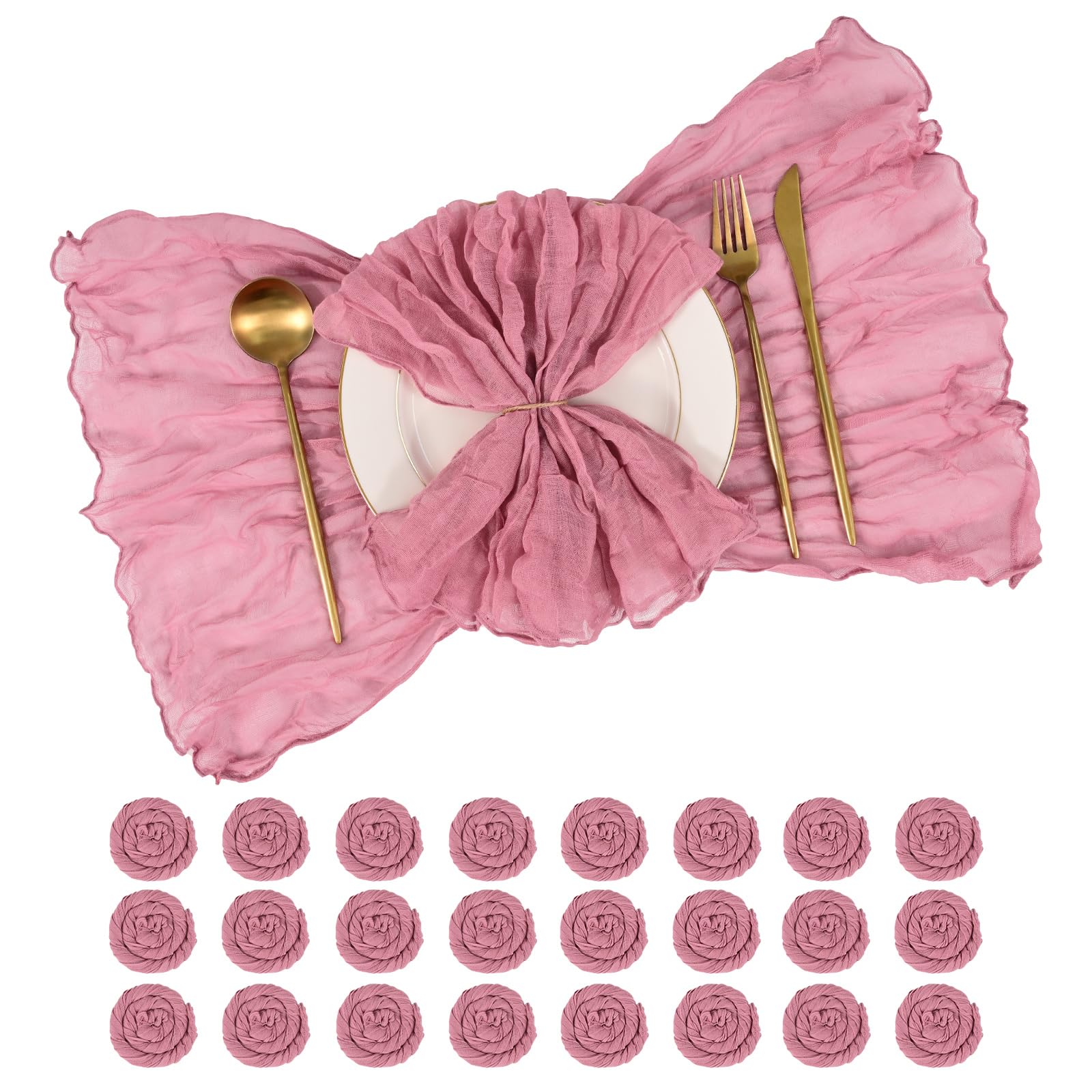 24 Pack Cheesecloth Napkins 50x50 cm (20x20 Inches) Wrinkled Gauze Fabric Dinner Napkins Soft Decorative Cloth Napkins for Wedding, Rustic Boho Party, Valentine‘s Day, Thanksgiving (Dusty Rose)