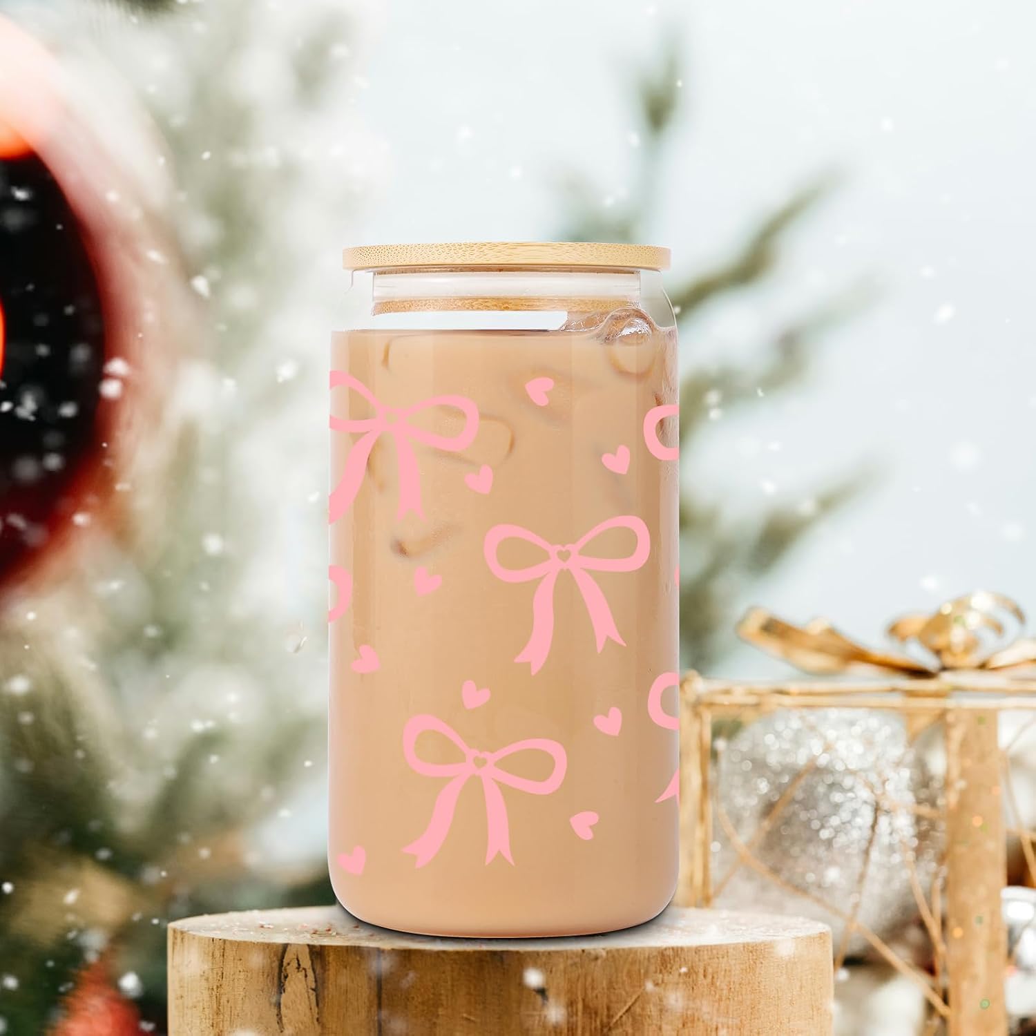 Coquette Aesthetic Glass Cup, Pink Bow, Glass Tumbler w/Lid & Straw, 16 oz Iced Coffee Cup, Cute Christmas, Birthday Gifts for Women, Mom, Teen Girl, Girlfriend, Friend, Coworker, Her - Image 6
