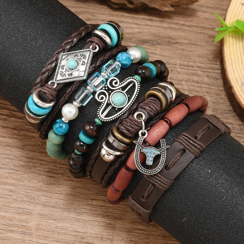 6 Pcs Handmade Vintage Bull Head Multi-Layer Leather Bracelet for Men, Turquoise Crystal Glass Bead Tribal Symbol Weaved Bracelet, Stackable, Adjustable Size