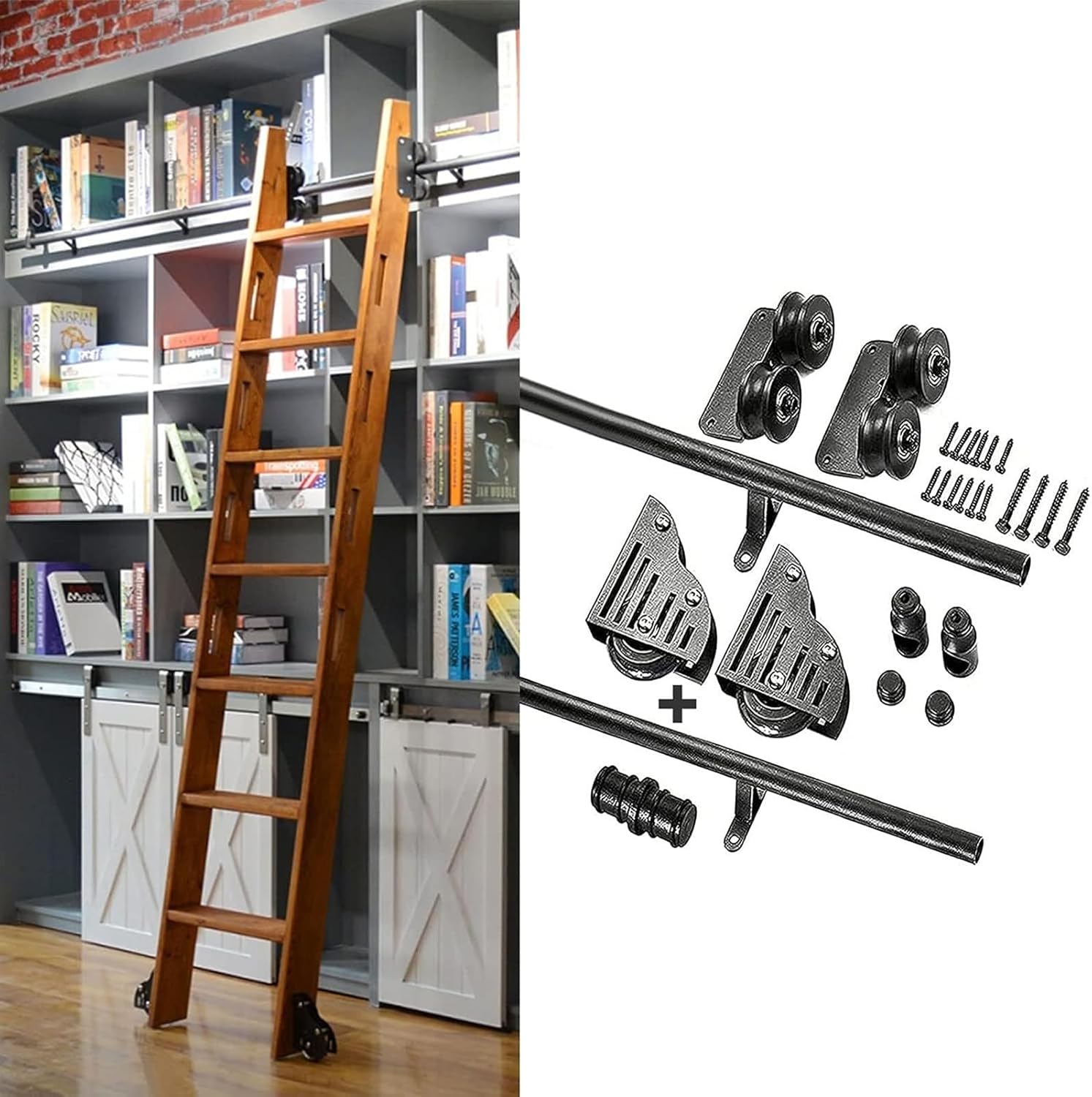 Sliding Ladder Track Hardware Kit, Library Roller Ladder Track, 3.3-20Ft Round Steel Tube Loft Rails + Floor Roller Wheels, No Ladder Included