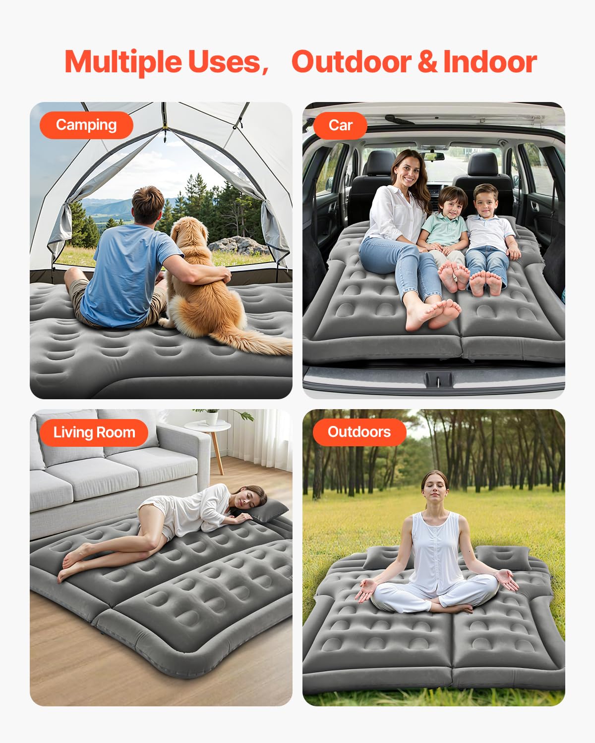 VEVOR Colchón Inflable, Grueso y Aterciopelado, Portátil Cómodo y Duradero, con Bomba de Aire, Boquilla y Bolsa de Transporte, para la Mayoría de SUV, MPV y Sedán, Gris, 1750 x 1330 x 150 mm