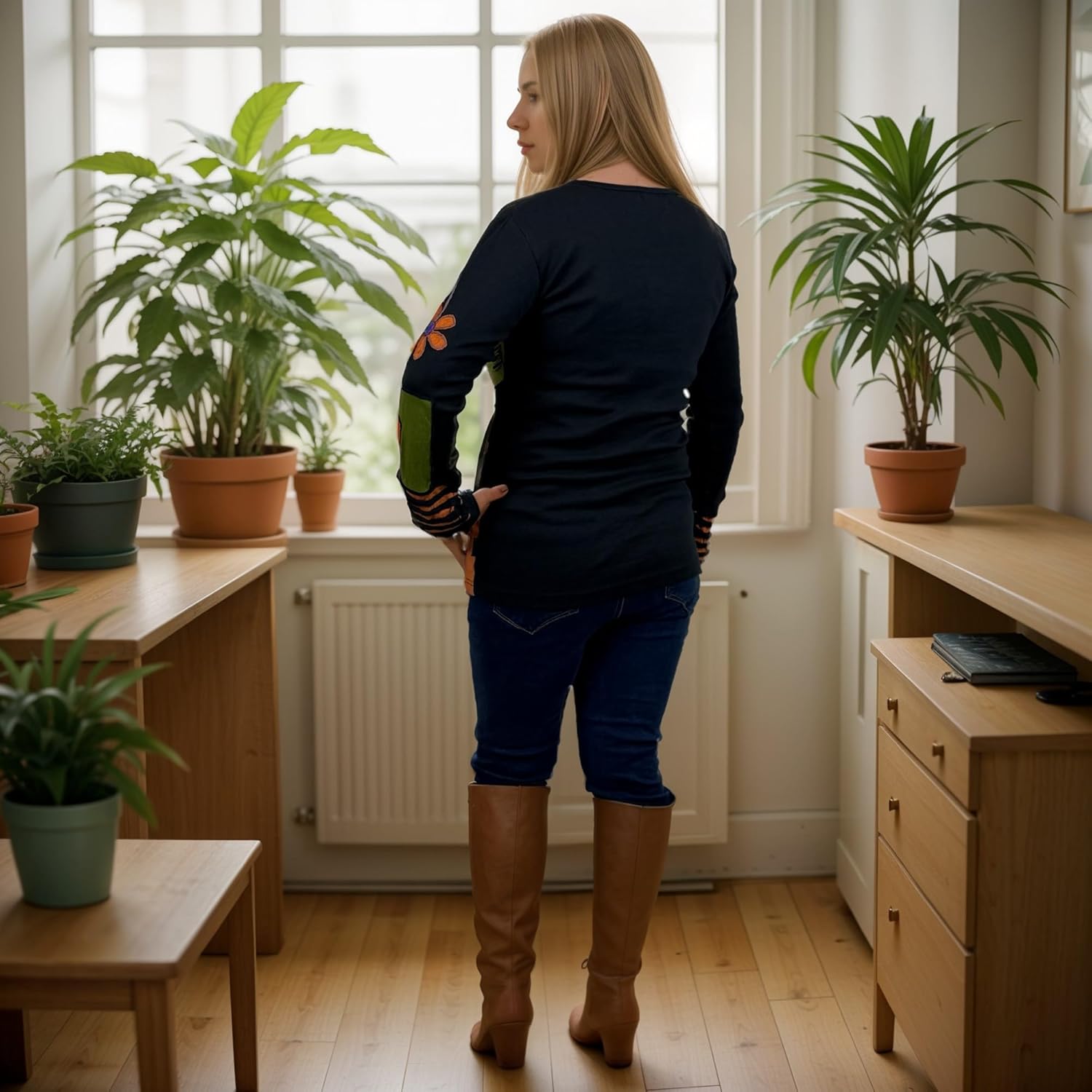 Agan Traders 2025 Winter Rib Knit Cotton Bohemian Tops for Women - Funky Patch Retro Hand Embroidered Blouse T-Shirts - Image 5