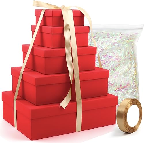 Coobbar Cajas de regalo de graduación, paquete de 5 cajas cuadradas con tapa y papel de relleno triturado, cajas de regalo de varios tamaños, cajas