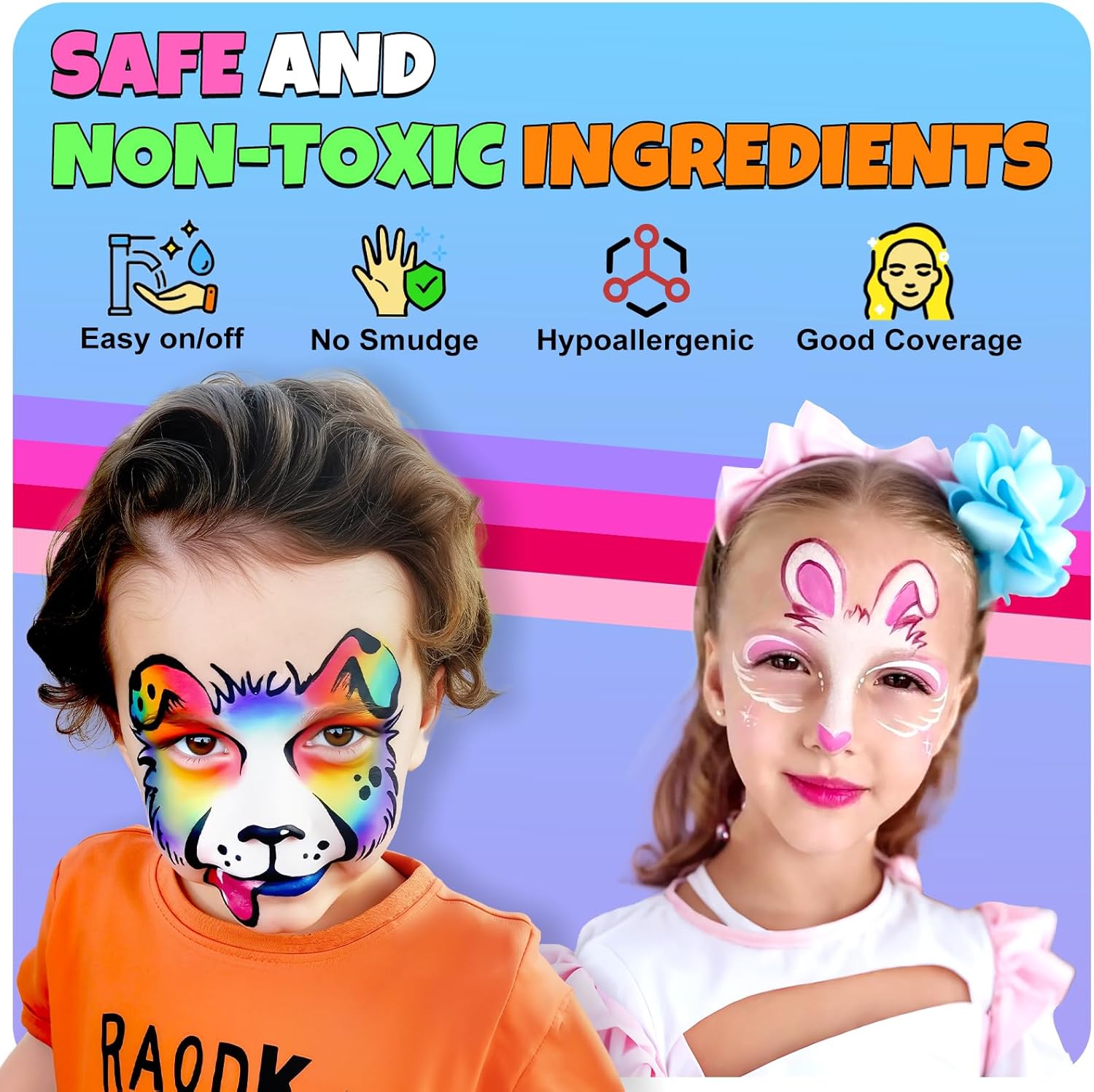 Drawdart Professional Face Painting Kit for Kids Adults, Large Split Cake Face Paint Palette| with Stencils, Book, Easy to Use and Safe for Kids, Fun for Halloween, Birthday Party, School Event