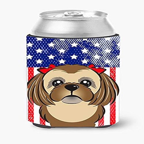 Caroline's Treasures BB2179CC - Enfriador para latas o botellas, con bandera estadounidense y marrón chocolate, Shih Tzu, funda lavable para