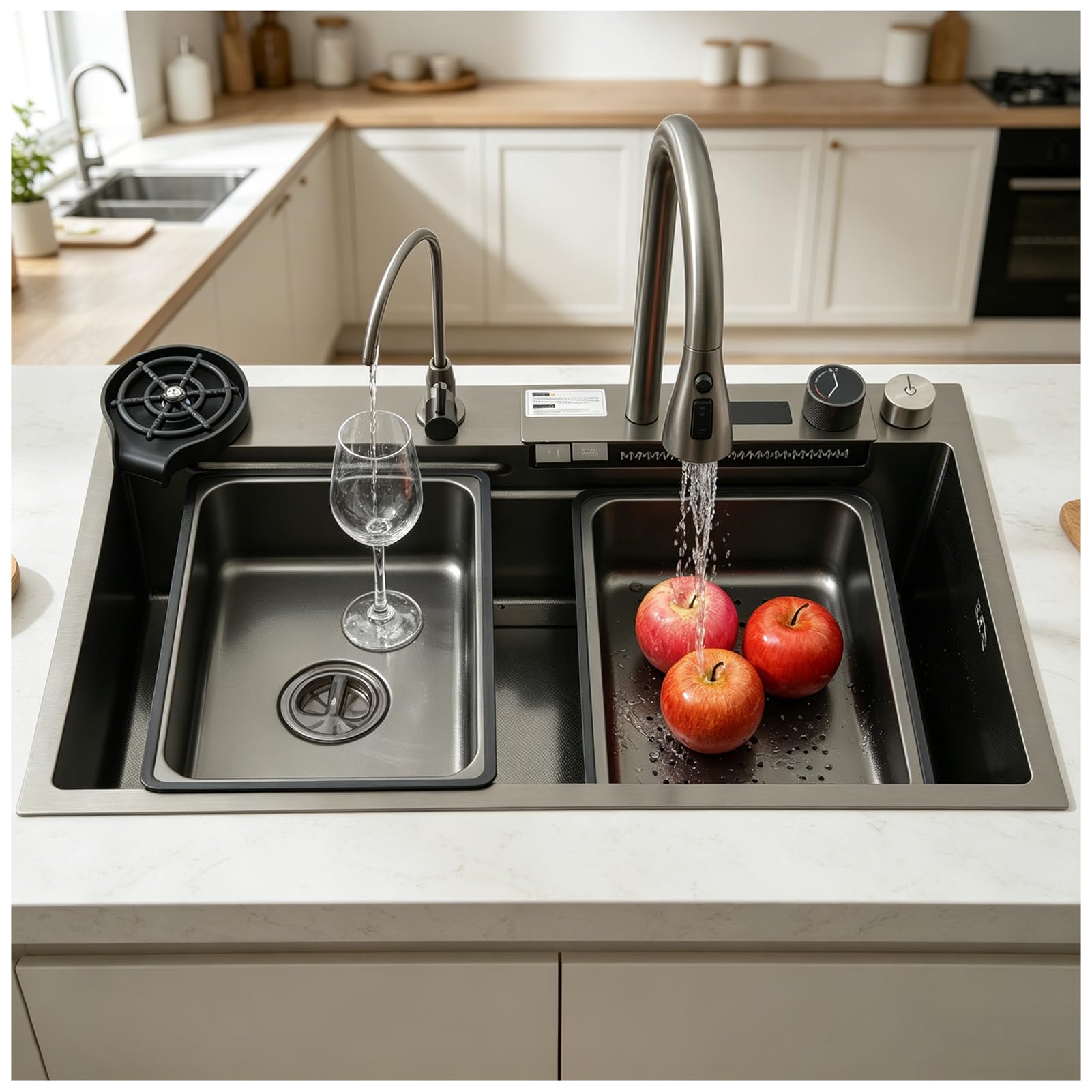 ZQFHSX 75cm Stainless Steel Single Bowl Sink, Waterfall-Style Nano Kitchen Drop in Large Capacity Workstation Sink with Multi-Functional Accessories(C,68x45x22cm)