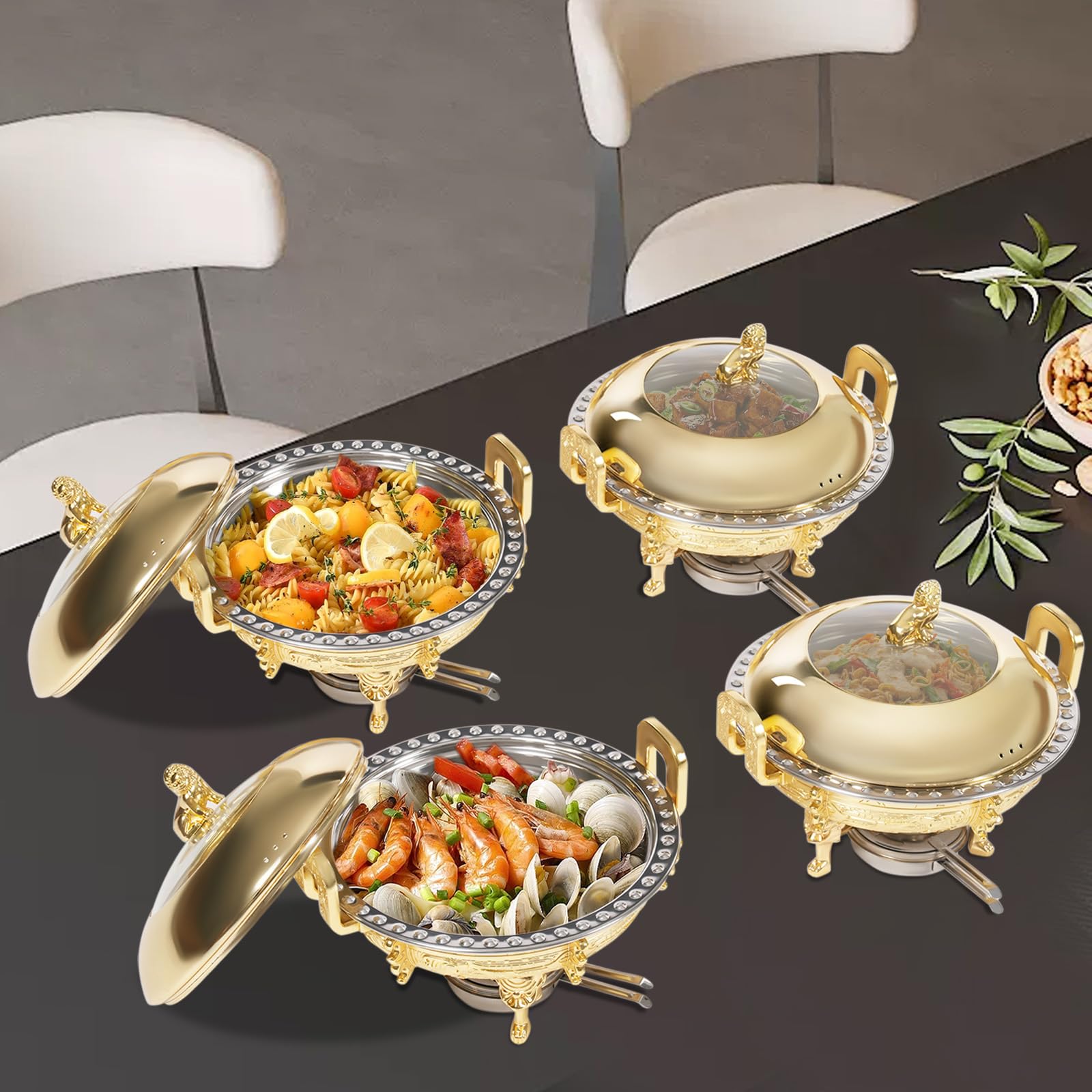 4 Pack Round Chafing Dishes Stainless Steel 0.25 Gal Chafing Buffet Set Serving Food Warmer for Catering Events Parties Weddings,Load Capacity 4.41lbs,10.94 * 8.58in (Gold)