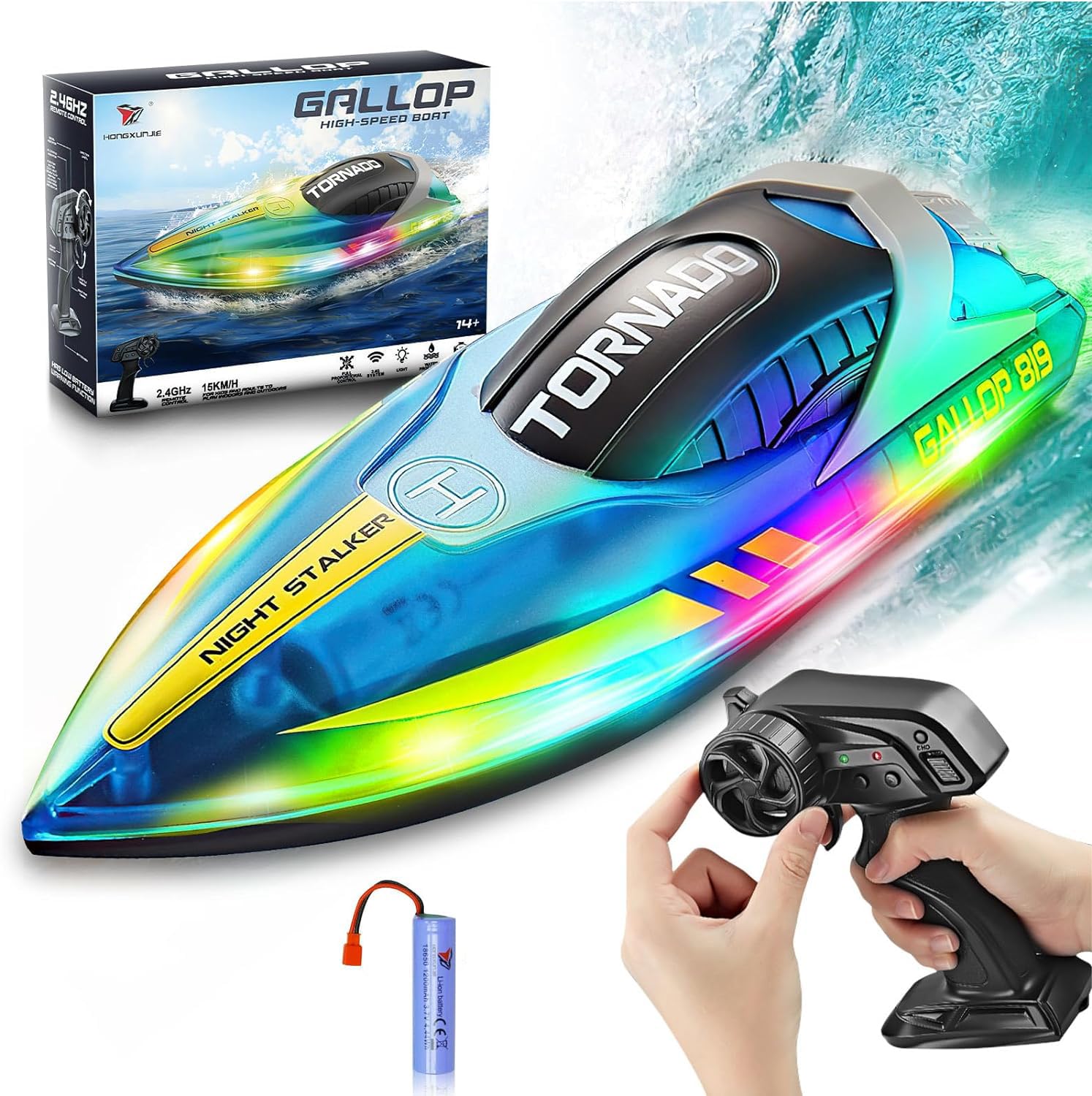 RC Boat for Kids 8-12, Remote Control Boat15+ MPH Fast Remote Control Boat with LED Lights, 2.4G RC Electric Boats Pool and Lakes Toys for Adults