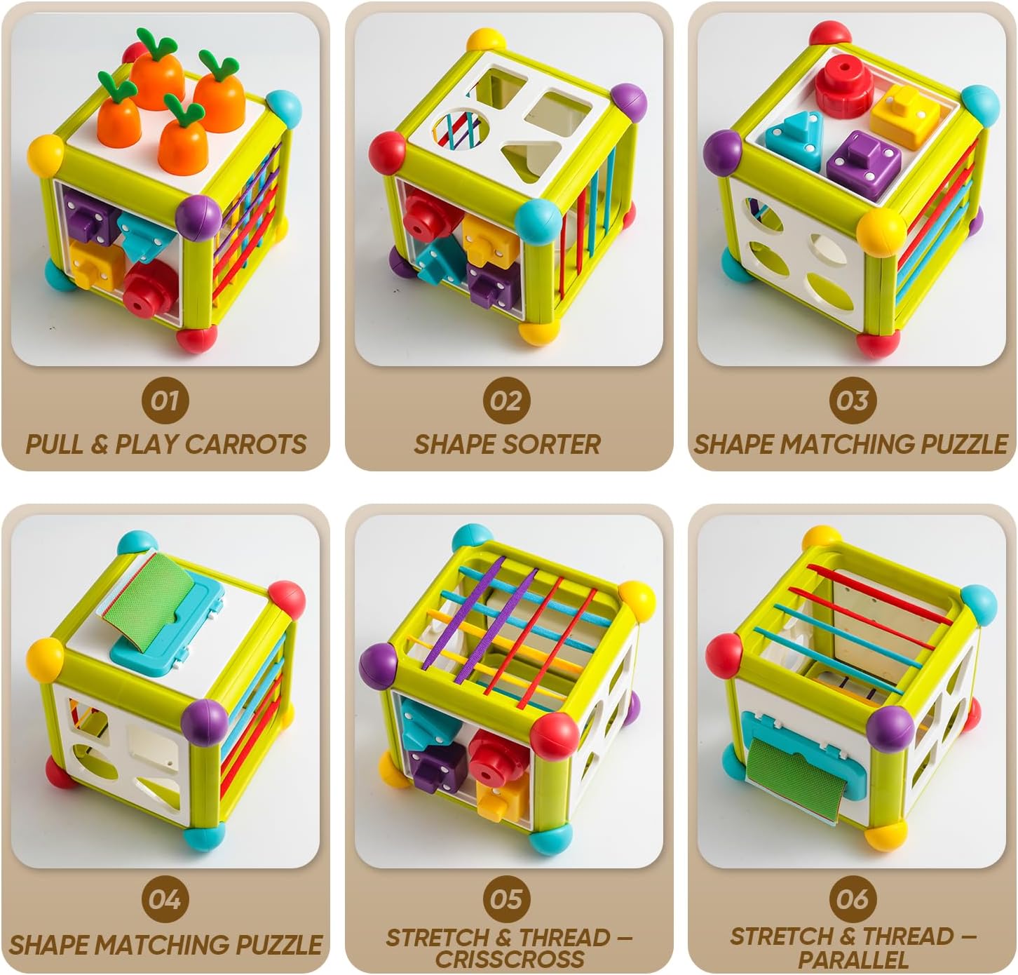 Montessori Activity Cube Toys for Baby, 6-in-1 Shape Sorting Toy, Fine Motor Learning Game for Toddlers 1-3