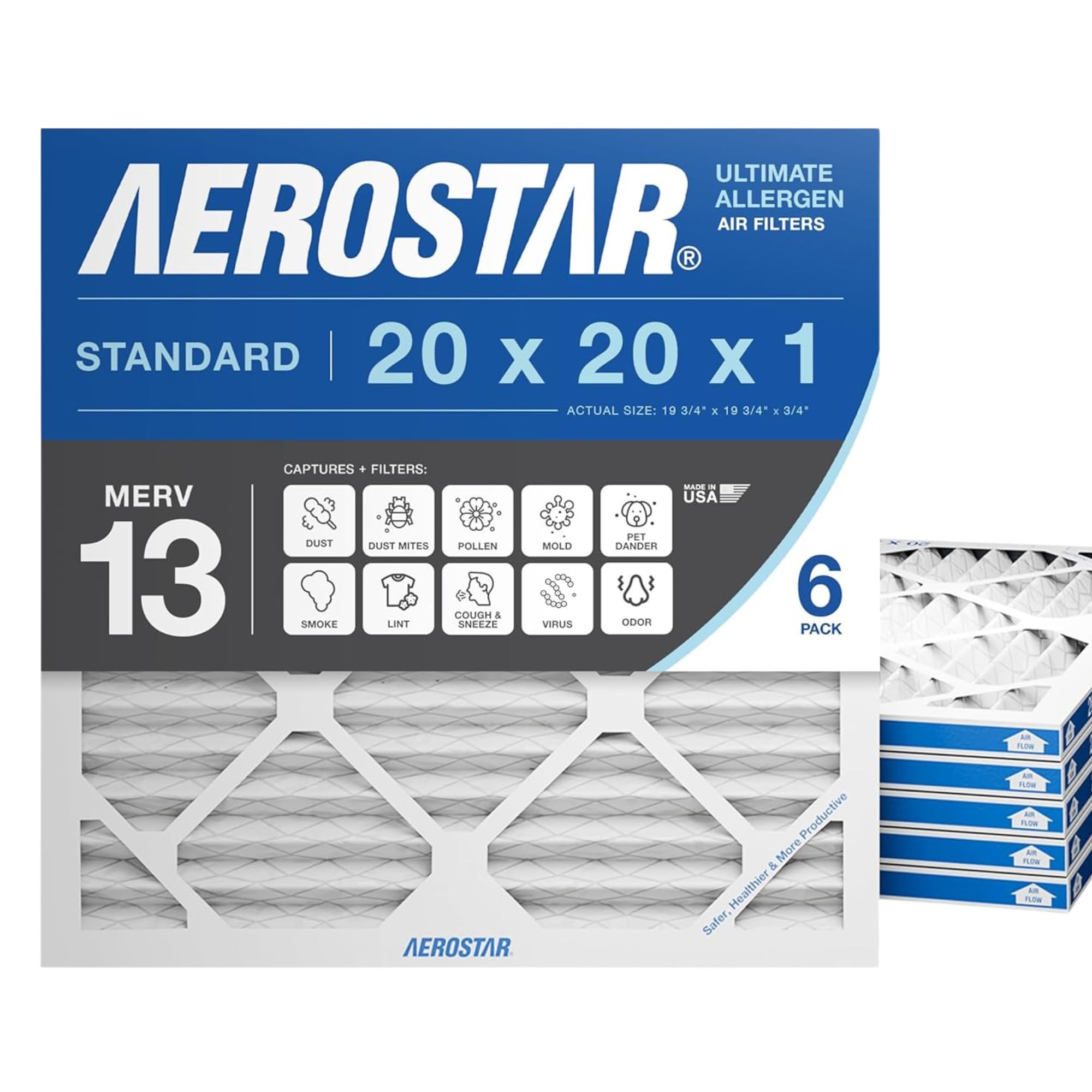 Aerostar Pleated Air Filter, MERV 13, 20x20x1, Pack of 6, Made in the USA