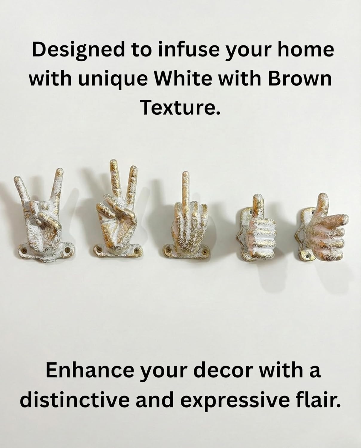 Set of 5 Hand Gesture Decorative Wall Hooks, 4 Inches High-Peace Sign-Rock On-Fun Finger-Thumbs up & Pointing Finger Gestures. Unique Stylish Key or Towel Hangers (White & Brown Textured)