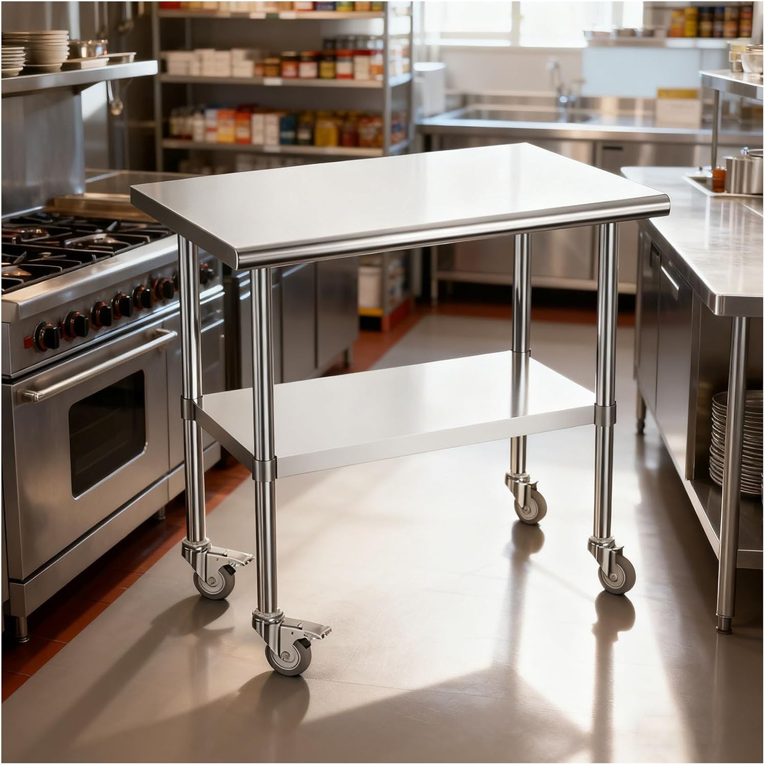 Mobile Curved Workbench with Casters Dual-Tier Kitchen Countertop Versatile Open Storage Rack Worktable Adjustable Shelves for Easy Installation Metal Prep Table(76x61x89cm/29.9x24.0x35”)