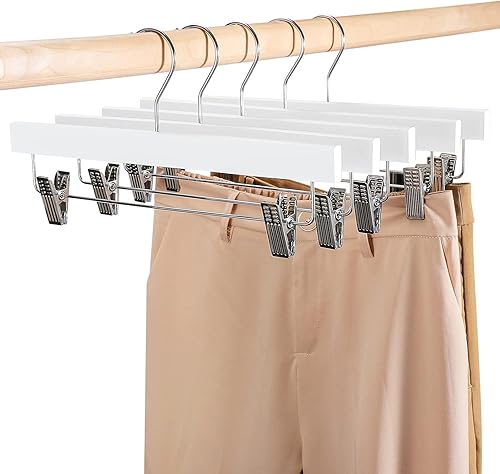 Miniatura 8 de HOUSE DAY Perchas de madera para pantalones con clips, paquete de 10 perchas de madera maciza de alta calidad con 2 clips de metal ajustables,