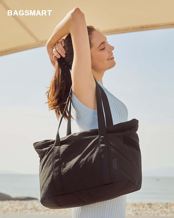 BAGSMART Women Tote Bag Large Shoulder Bag Top Handle Handbag with Yoga Mat Buckle for Gym, Work, Black, Medium by bagsmart - Image 2
