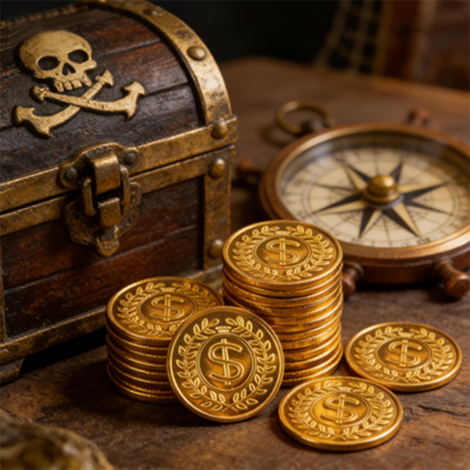 100 sztuk złotych monet, złote monety, skarb piracki, zabawka Goldtaler, skarb piracki, urodziny, tworzywo sztuczne, złote monety, piratów, poszukiwanie skarbów, prezent