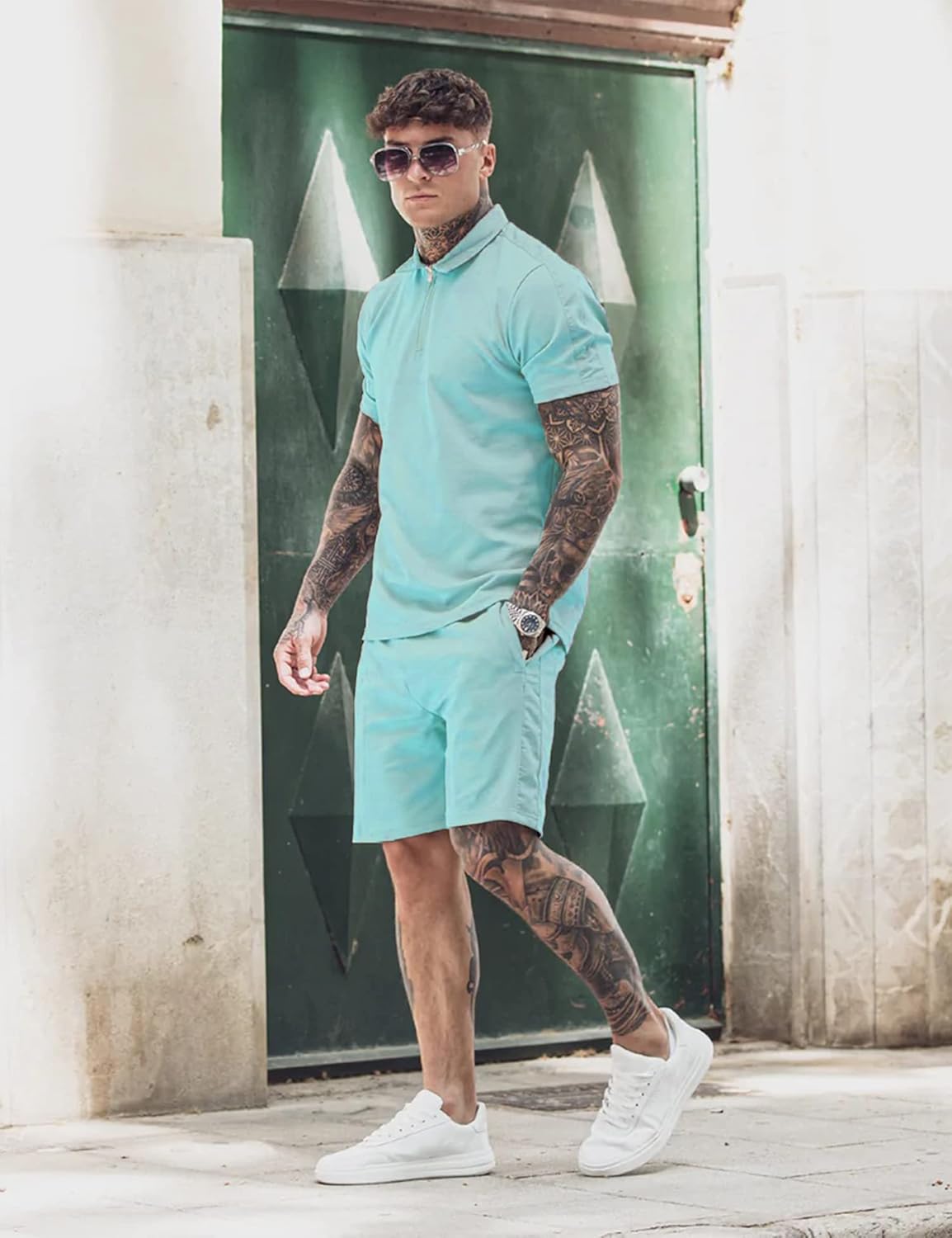 Babioboa Men's Short Sleeve Polo Shirt & Shorts set Summer Two Piece Outfits 3 Pockets zip Tracksuits Casual Daily Sport