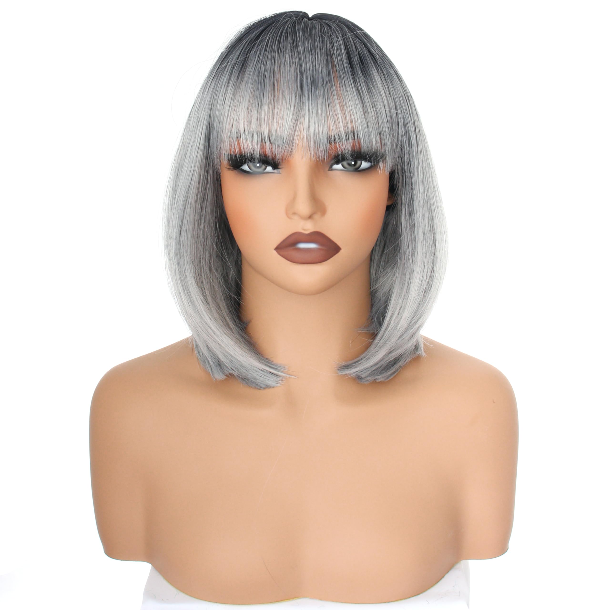 YEESHEDO Women's Short Bob Wigs Straight with Flat Bangs Colorful Hair for Cosplay Party Halloween Costume Replacement Wig for Girls 12" (Gray wiht Dark root) - Image 2