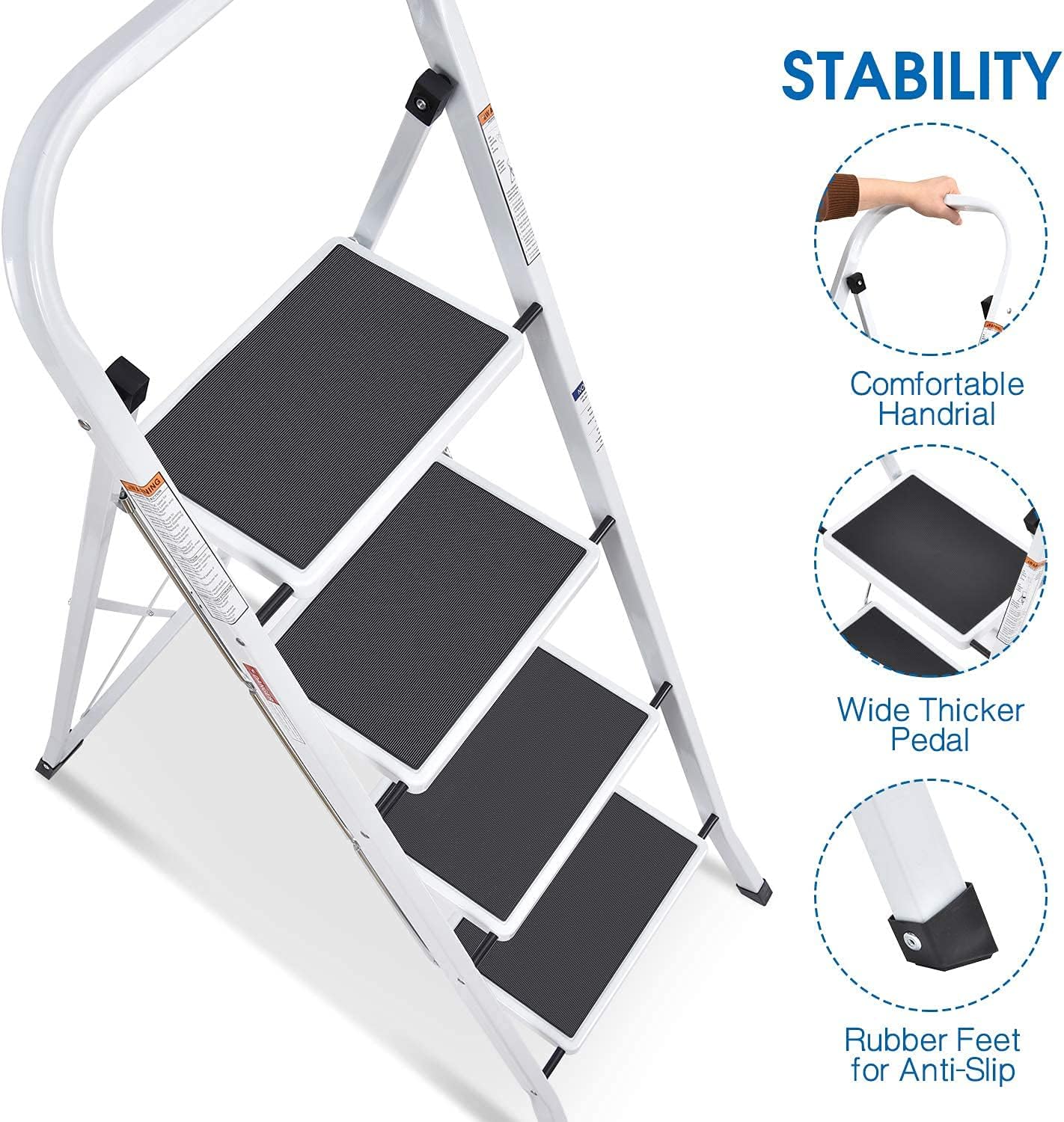 APEXCHASER 4 Step Portable Ladder, Folding Step Stool with Handgrip, Metal Ladder with Anti-Slip Rubber Feet and Wide Pedal, for Office Home Kitchen, White… - - 