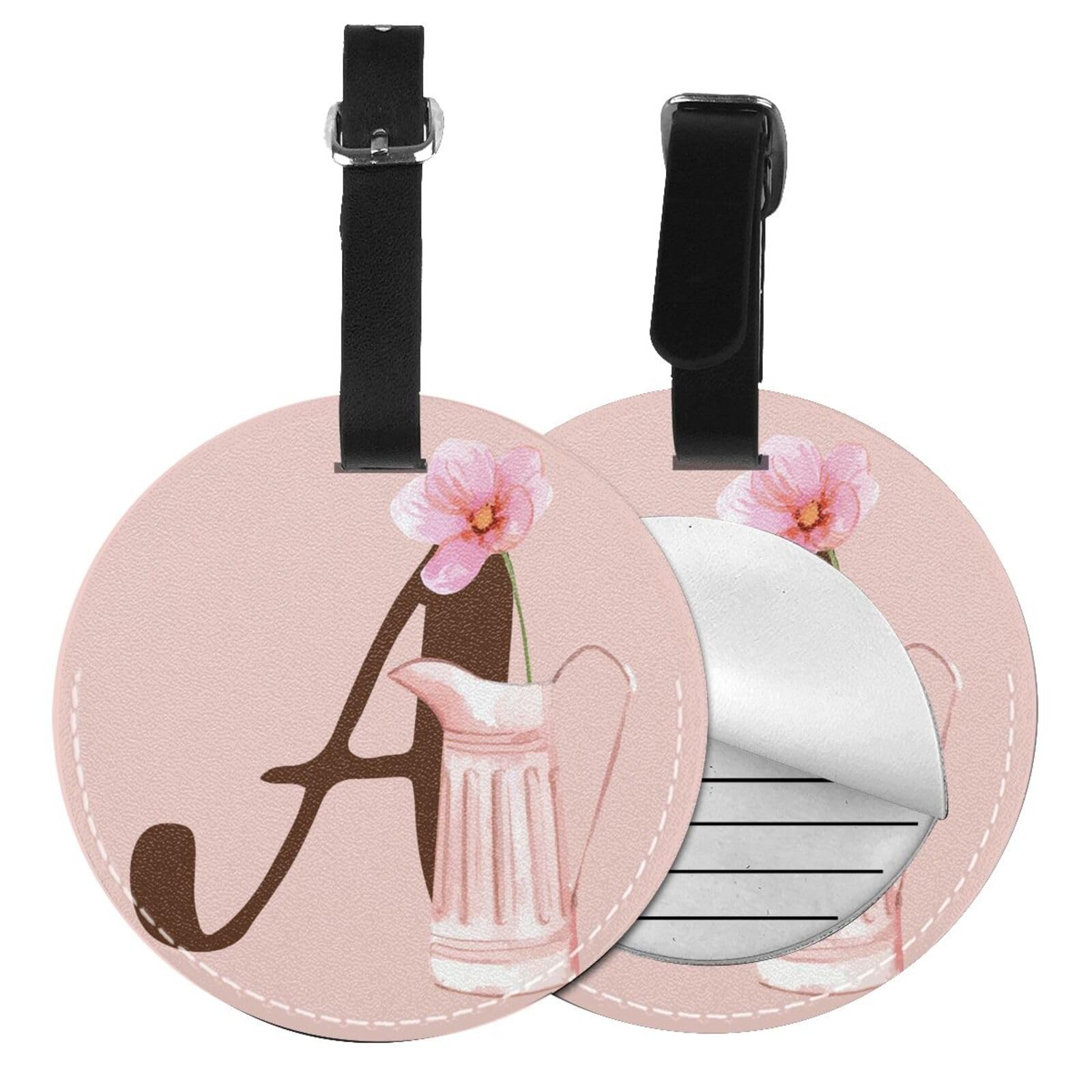 Set of 2 Pink Background Initial Luggage Tag for Suitcases, Floral Letter Cruise Name Bag Tags, Cute Round Baggage Tags with Privacy Cover, Leather ID