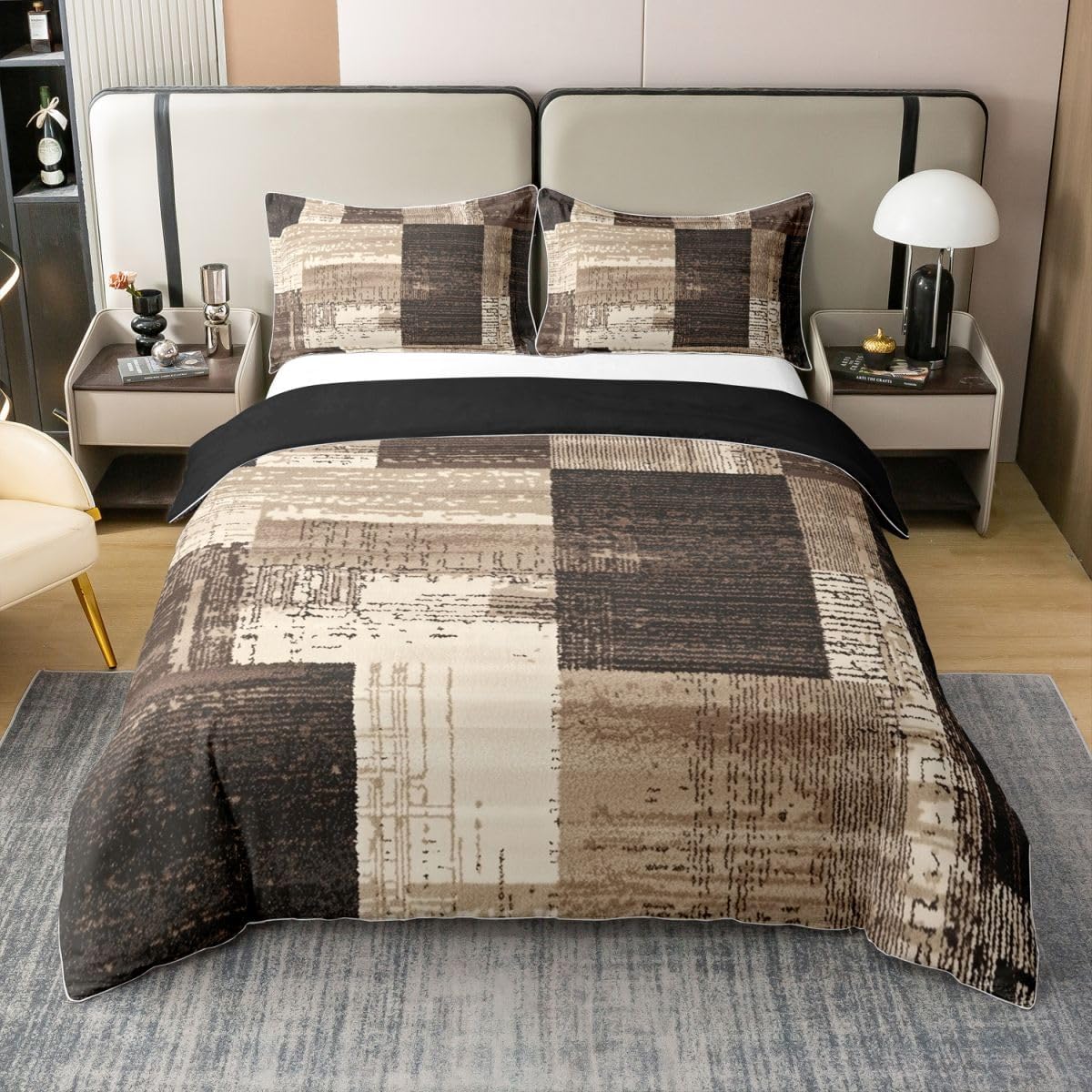 jejeloiu Modern Geometric Duvet Cover 100% Cotton King Size Brown Patchwork Texture Retro Bedding Set for Boys Girls Modern Art Comforter Cover Luxury Decor 3Pcs Zipper Closure with 2 Pillowcases