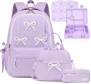 4PCS Bow Backpack for Girls with Leakproof Bento Box | Casual Aesthetic Bow Girls Backpack Bookbag with Lunch Box, Pencil Case & 43oz Bento Box Snack Containers Set (Purple)