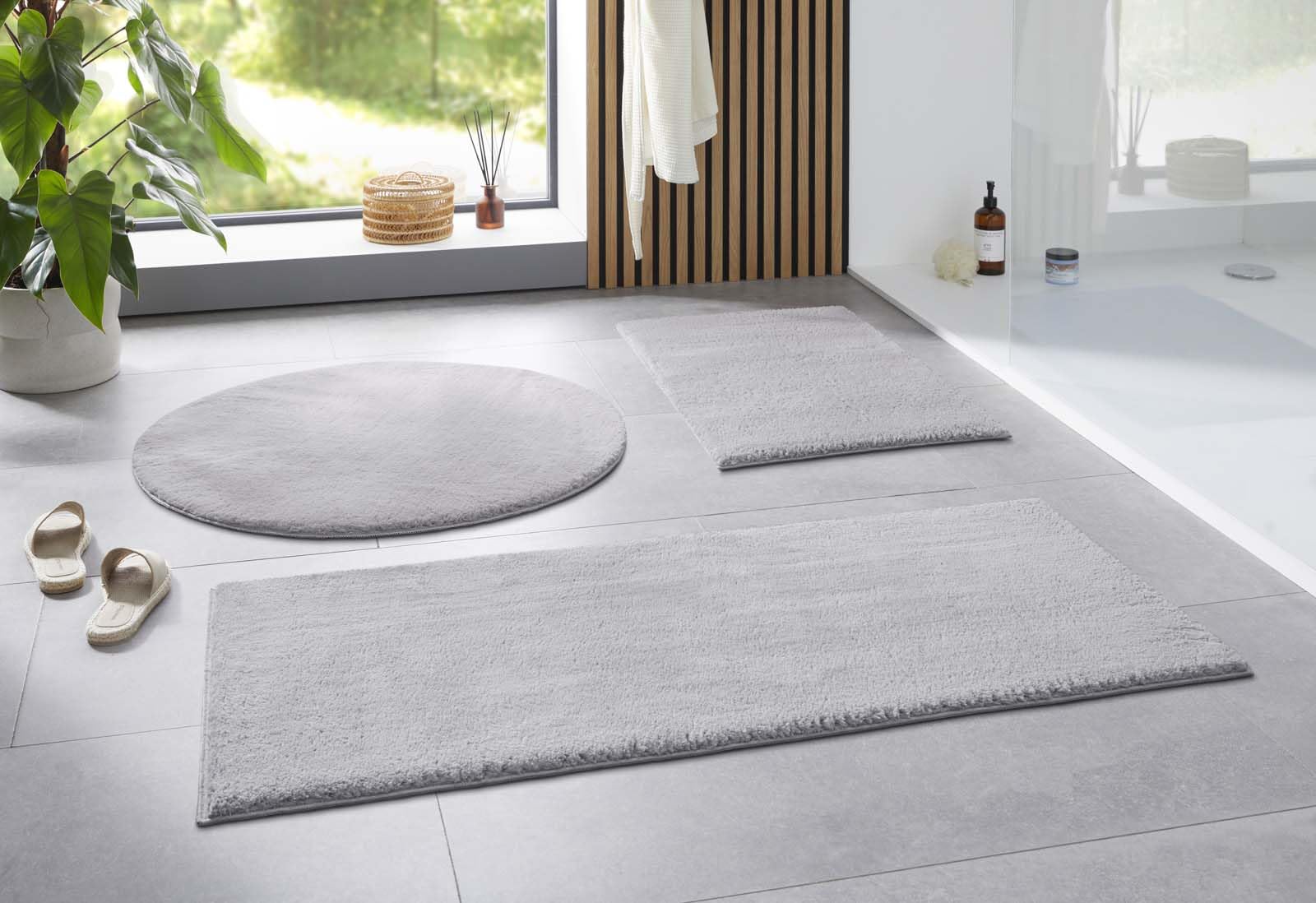 Taracarpet Badematte Uni Boho rutschfest, waschbar, Badezimmer-Teppich, Bad-Vorleger, WC Deko, Duschvorleger für Dusche und Badewannen weich und als Set kombinierbar New Grau 080 cm rund