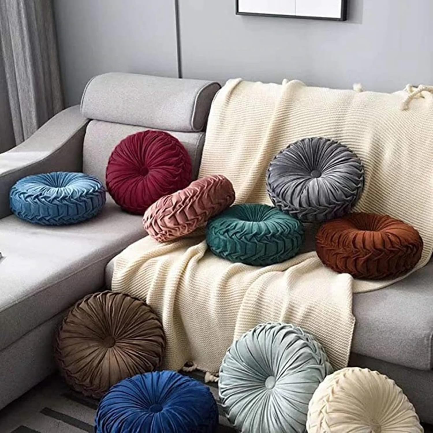 Red Round Throw Pillow Velvet Home Decorative Pleated Round Filled Pumpkin Throw Pillow Chair Cushion Floor Pillow for Sofa Couch Chair Bed Car Floor