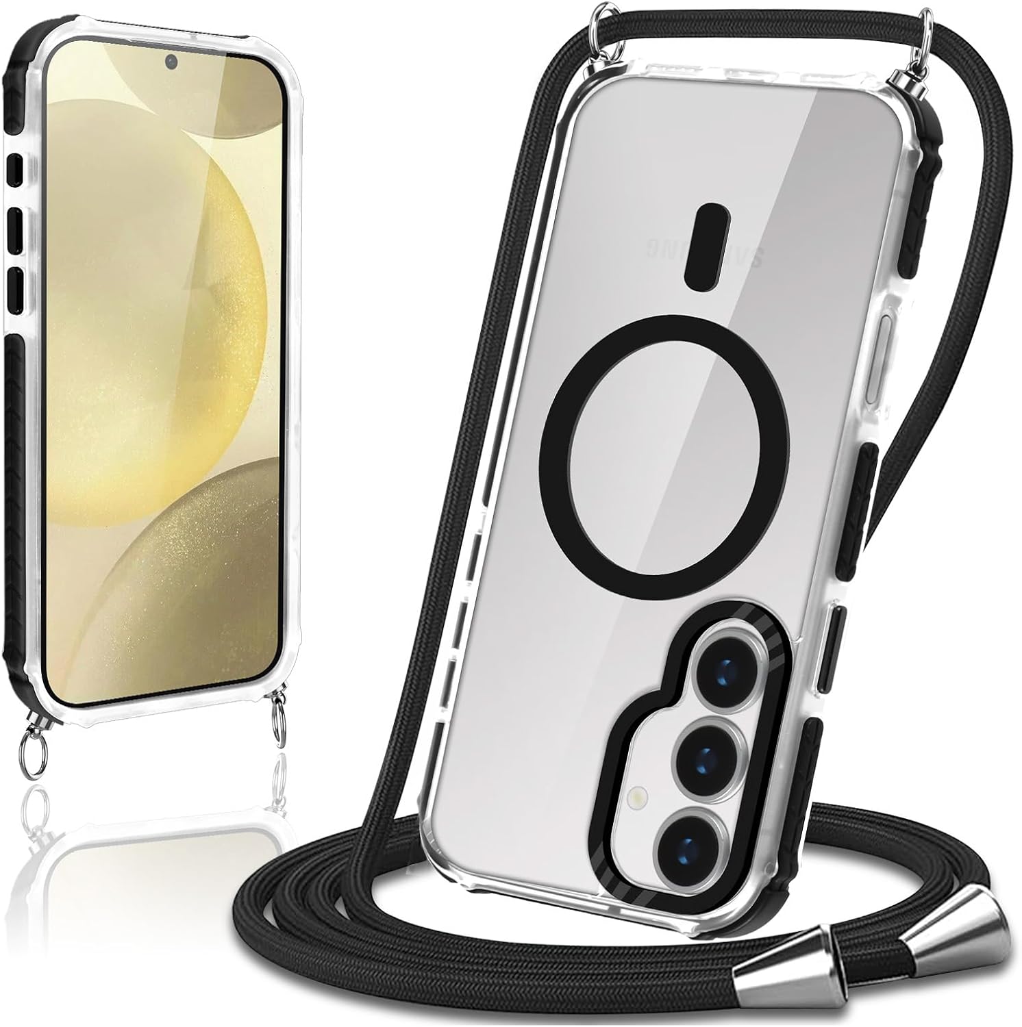 Pnakqil Magnetic Cover for Samsung Galaxy S24 with Lanyard, MagSafe Compatible Transparent Slim TPU Protective Case with Rope Necklace Strap Strap, Shockproof Bumper Resistant, Black