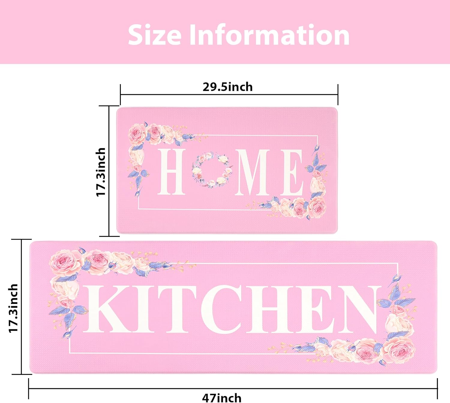 Pink Floral Kitchen Mat Sets 2PCS Non Skid Waterproof Kitchen Rugs and Runner Sets Cushioned Anti-Fatigue Comfort Mat for Home, Laundry Room, Office, 17.3"×30"+17.3"×47"
