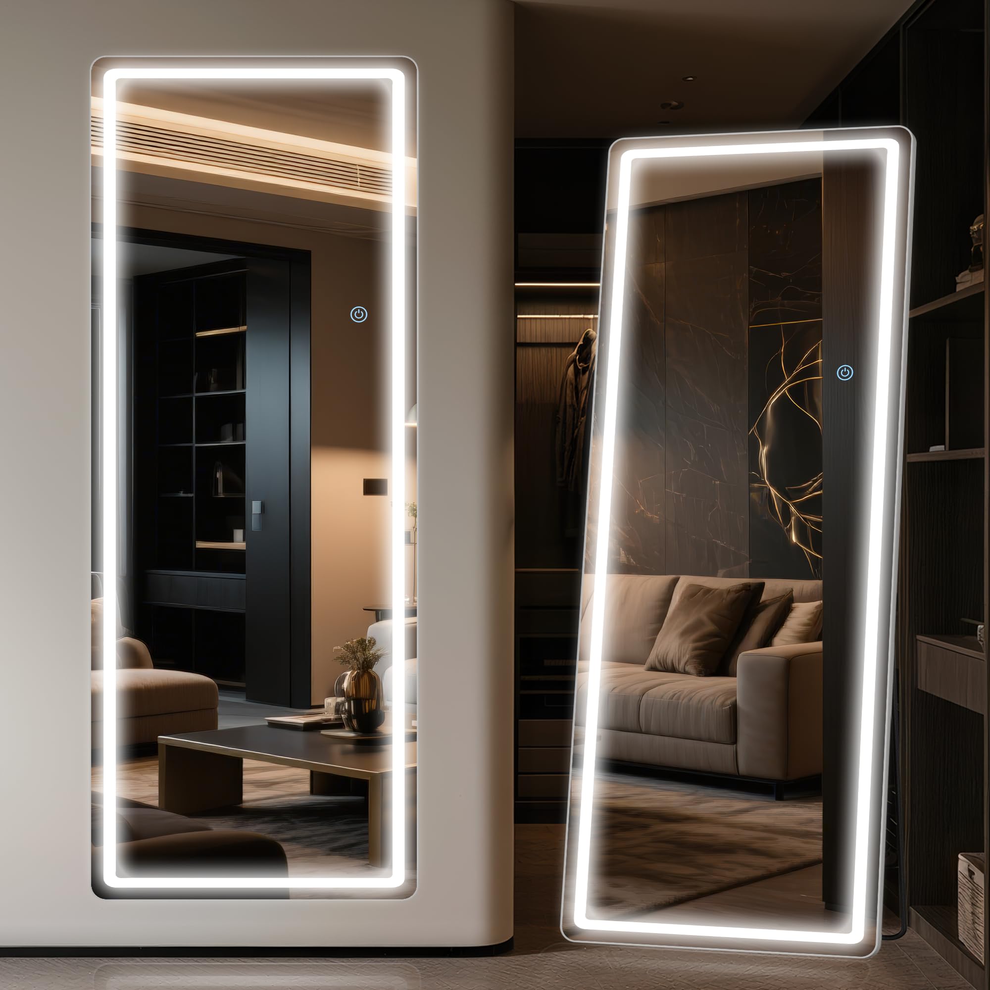 Antok LED Full Length Mirror with Light, 71"x28" Lighted Full Body Mirror with Stand, Dimmable & 3 Color Lighting Standing/Leaning/Wall Mounted Vanity Mirror for Bedroom Cloakroom Livingroom(Rect): 58"L x 18"W Rect Style White