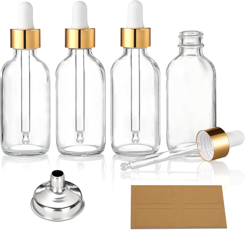 AOZITA Frascos conta-gotas de vidro transparente com tampa dourada, 30 mL, pacote com 4, funil e etiquetas