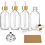 AOZITA 4 Pcs, 1 oz Golden Cap Clear Dropper Bottles (30ml) with 1 Funnel & 4 Labels - Glass Tincture Bottles with Eye Droppers - Leakproof Essential Oil Bottles for Health, Personal Care & Beauty