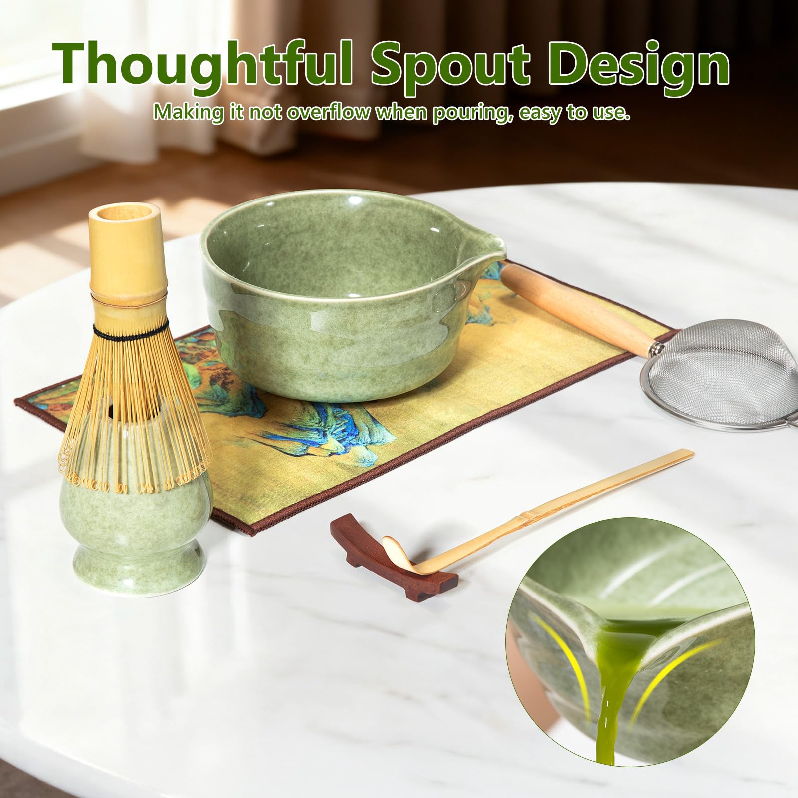 Set di Fruste per Matcha, Set da Tè Matcha da 7 Pezzi con Frusta in Bambù Ciotola in Ceramica Cucchiaio e Supporto Kit di Partenza Tradizionale per la Cerimonia del Tè (Verde)
