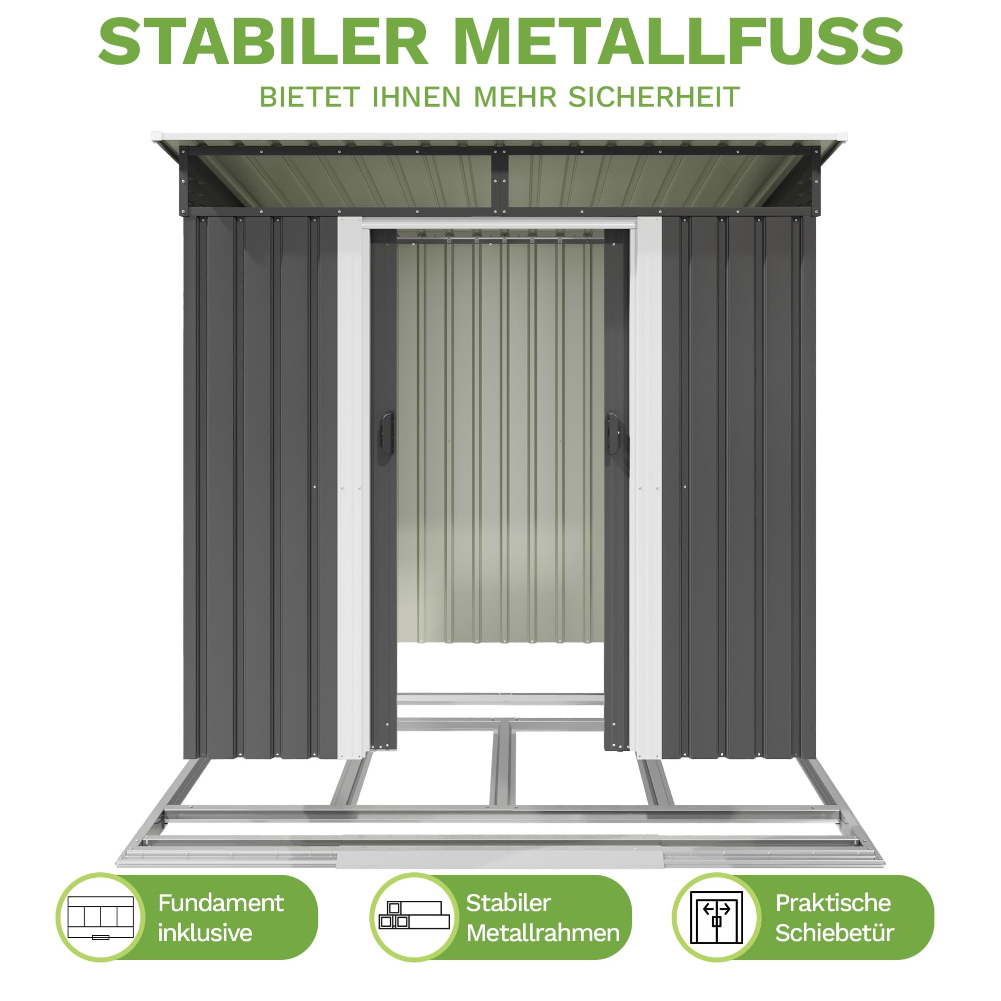 Triumphkey Metall Gerätehaus 3.6m³ mit Fundament, 183x109x182cm, Gartenhaus mit Oberlichte, Pultdach, Gartenschuppen für Terrasse, Rasen, Anthrazit