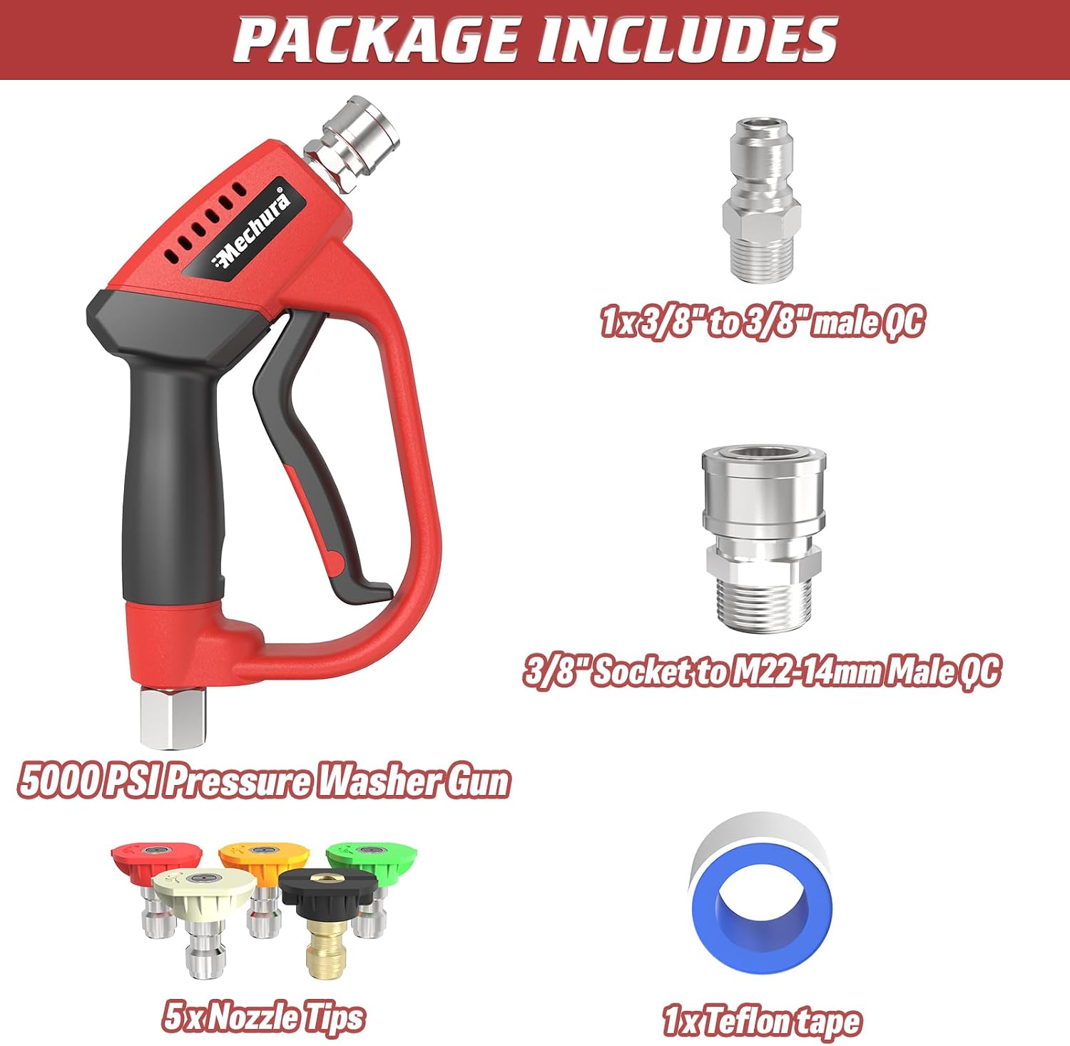 Pressure Washer Gun 5000 PSI, 360° Swivel Gun, Pressure Washer Accessories with 1/4" Quick Connect Outlet, Stubby Pressure Washer Gun with 5 Nozzle Tips, 3/8" Plug & M22-14mm Adapter