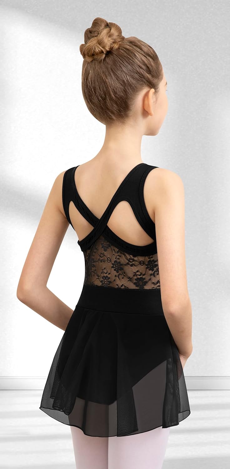 Girls Ballet Leotard For Dance Mesh Skirt Lace Tank Dancewear,Hollow Back Crisscross Straps - Image 2