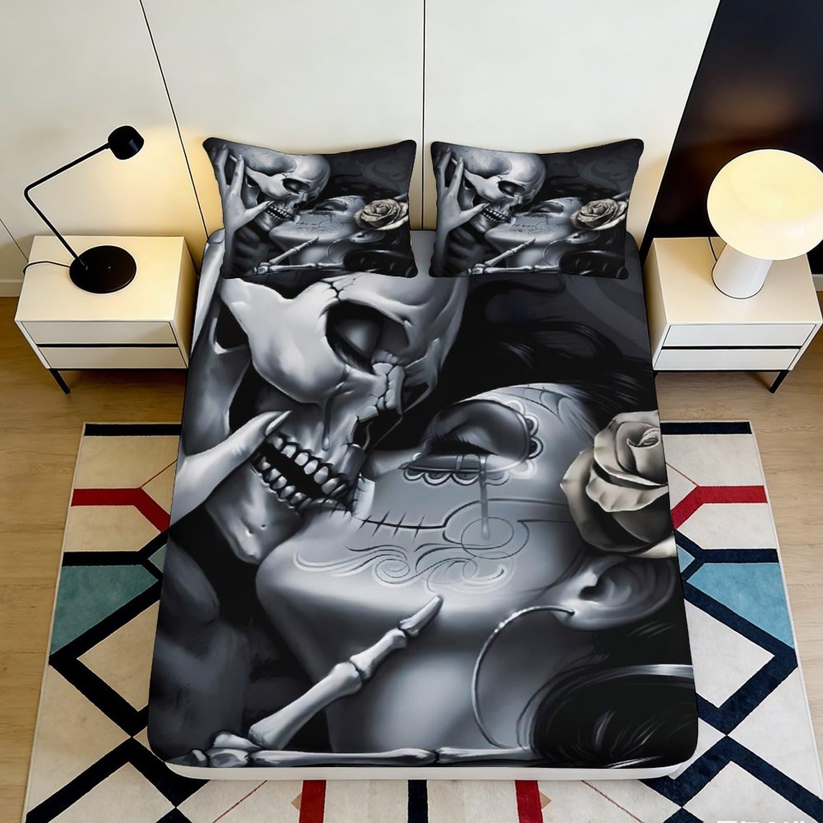 3D Printed Gothic Skull Fitted Sheet Microfiber Durable Black White Skeleton Bed Cover for Bedroom Dormitory Guest Room Mattress Protection 140x200x25cm