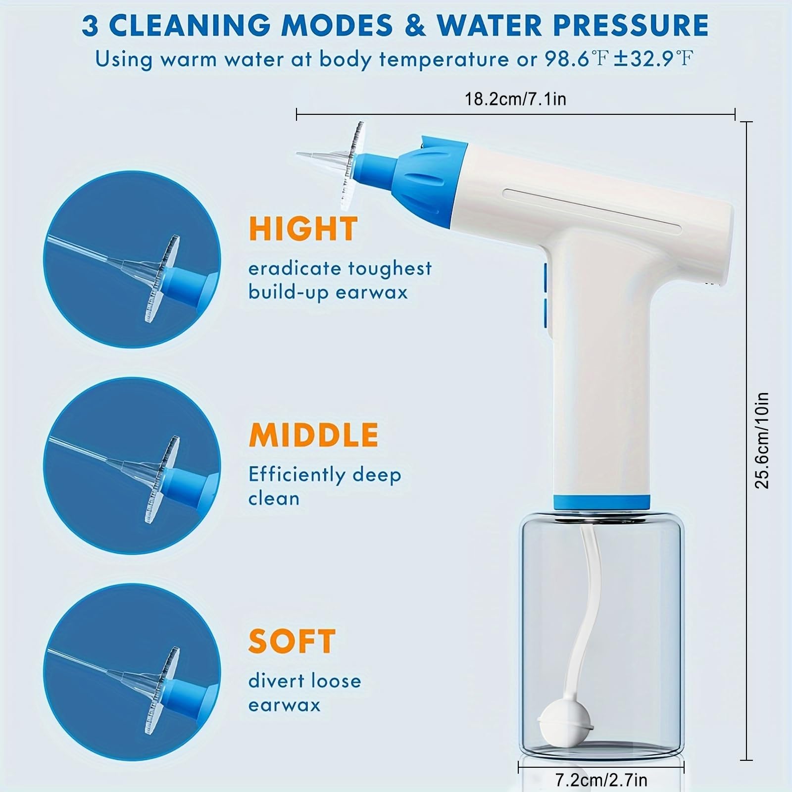 Pulitore Elettrico Per Orecchie Temodu – 4 Modalità Di Pressione (7-24,5 PSI), Ricaricabile, Con 9 Punte Monouso + Vasca Raccoglice, LED E Specchio