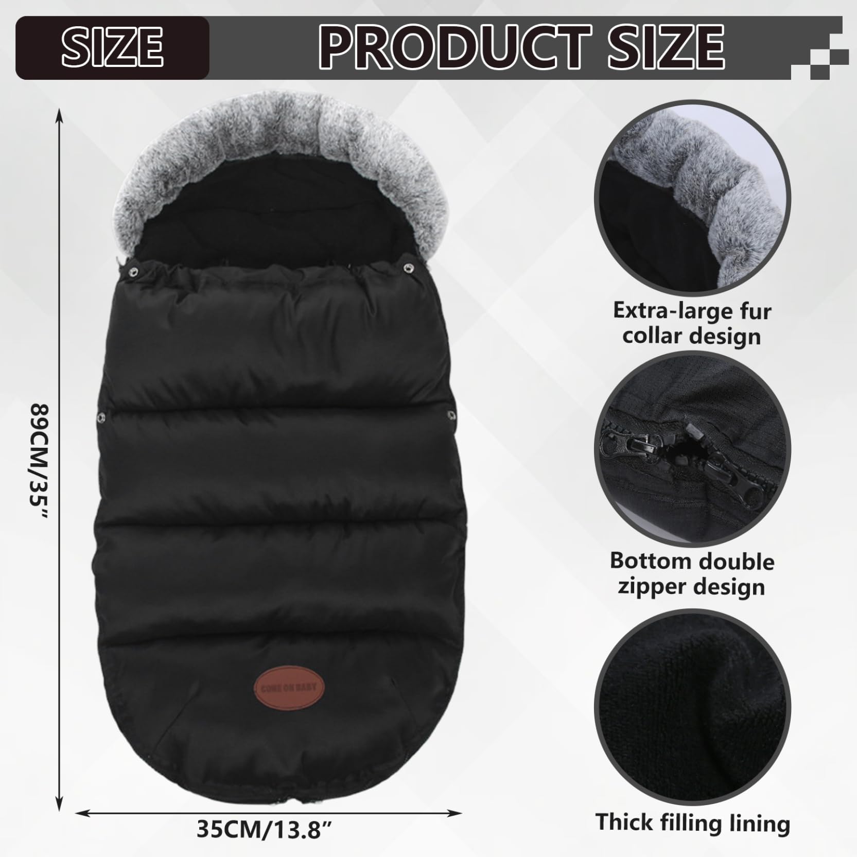 Coprigambe per passeggino Caldo foderato in pile addensato per l'inverno con collo in pelliccia e cerniera Borsa impermeabile per stamina, coperta da 35x14 pollici, copertura invernale, per dormire